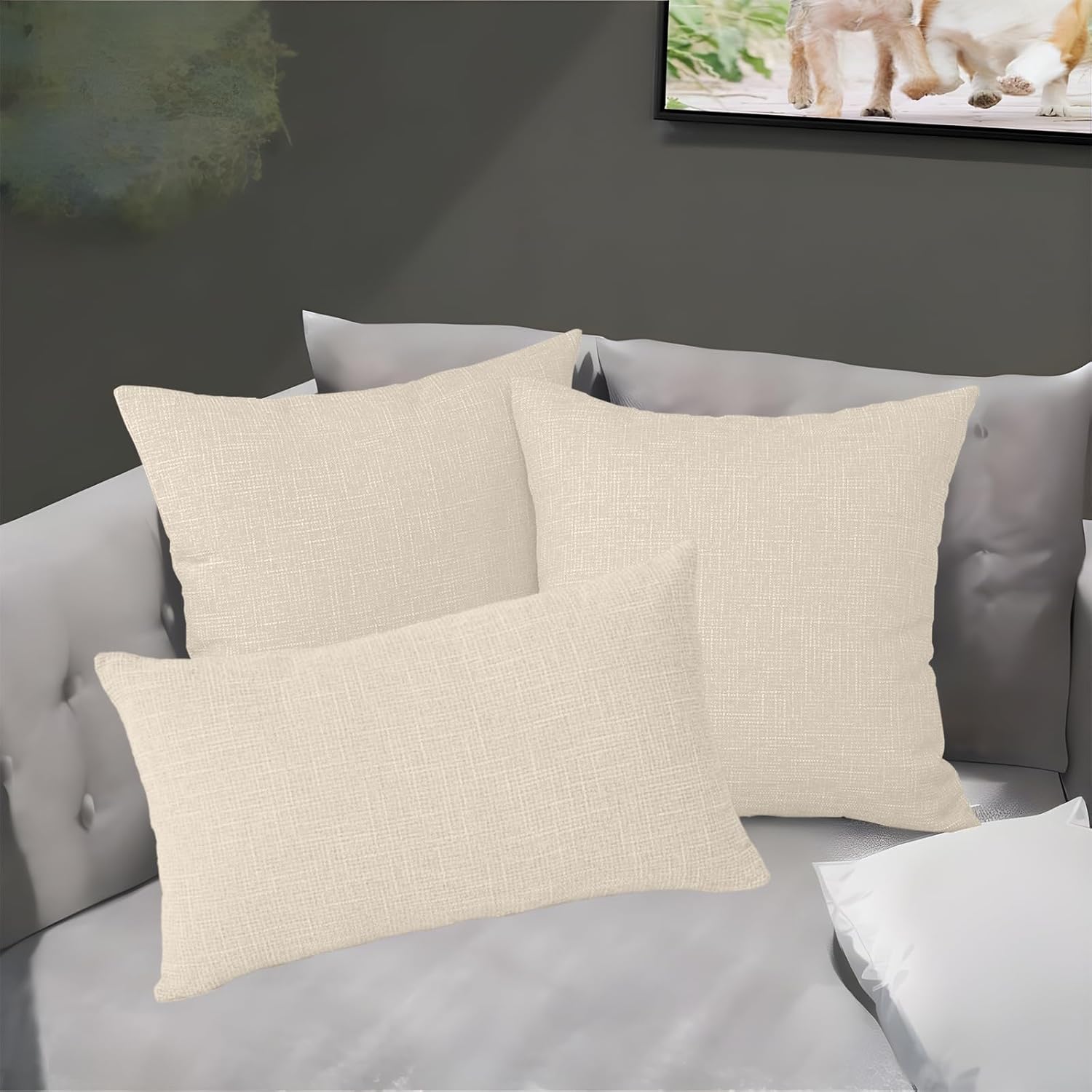 FULDGAENR Juego de 2 fundas de almohada de lino flameado de 12 x 20 pulgadas para sofá y sillón, textura rústica beige, fundas de almohada