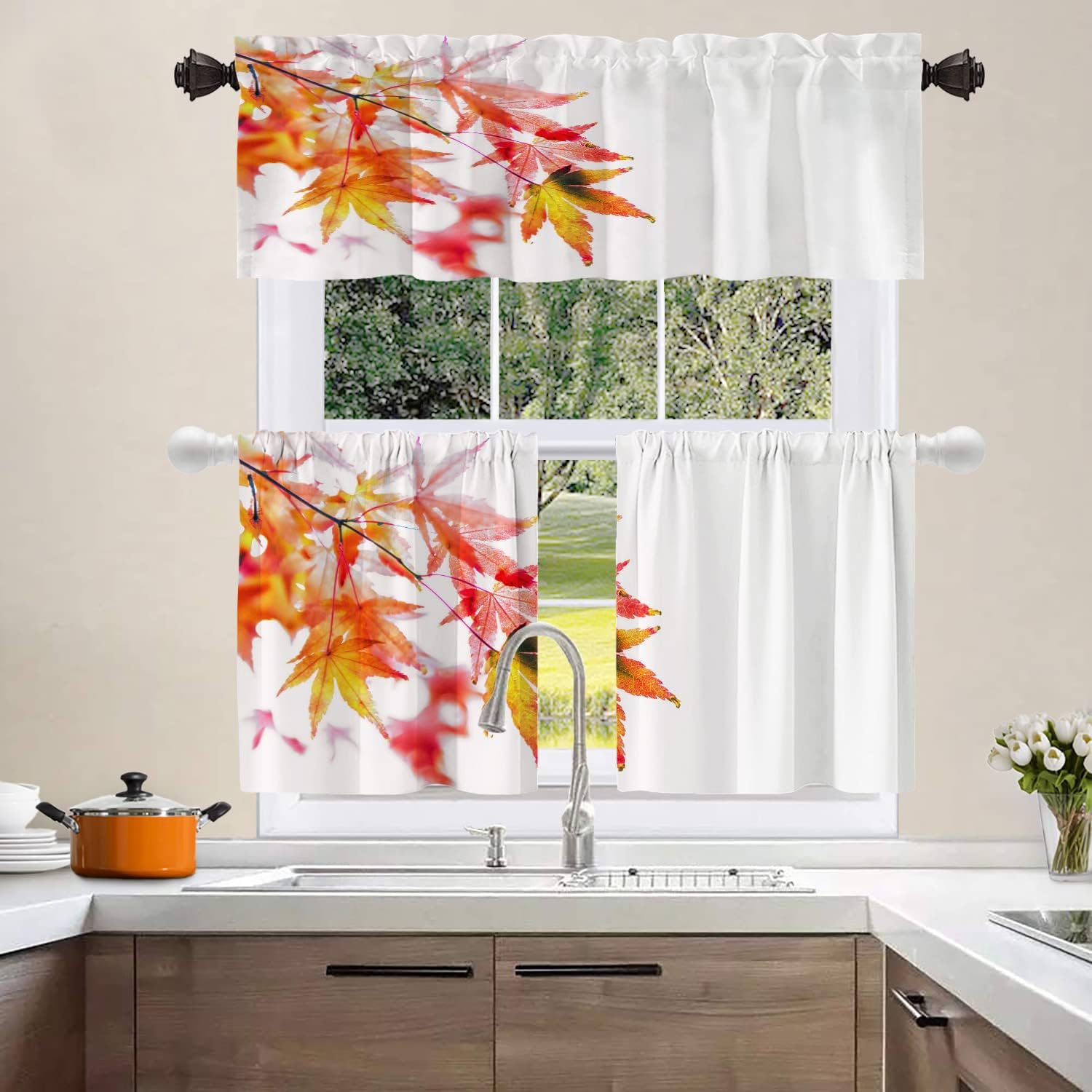 Shrahala Cenefas de cocina de arce rojo natural, hojas blancas, cortinas de media ventana, tratamiento de ventana de poliéster multicapa para sala