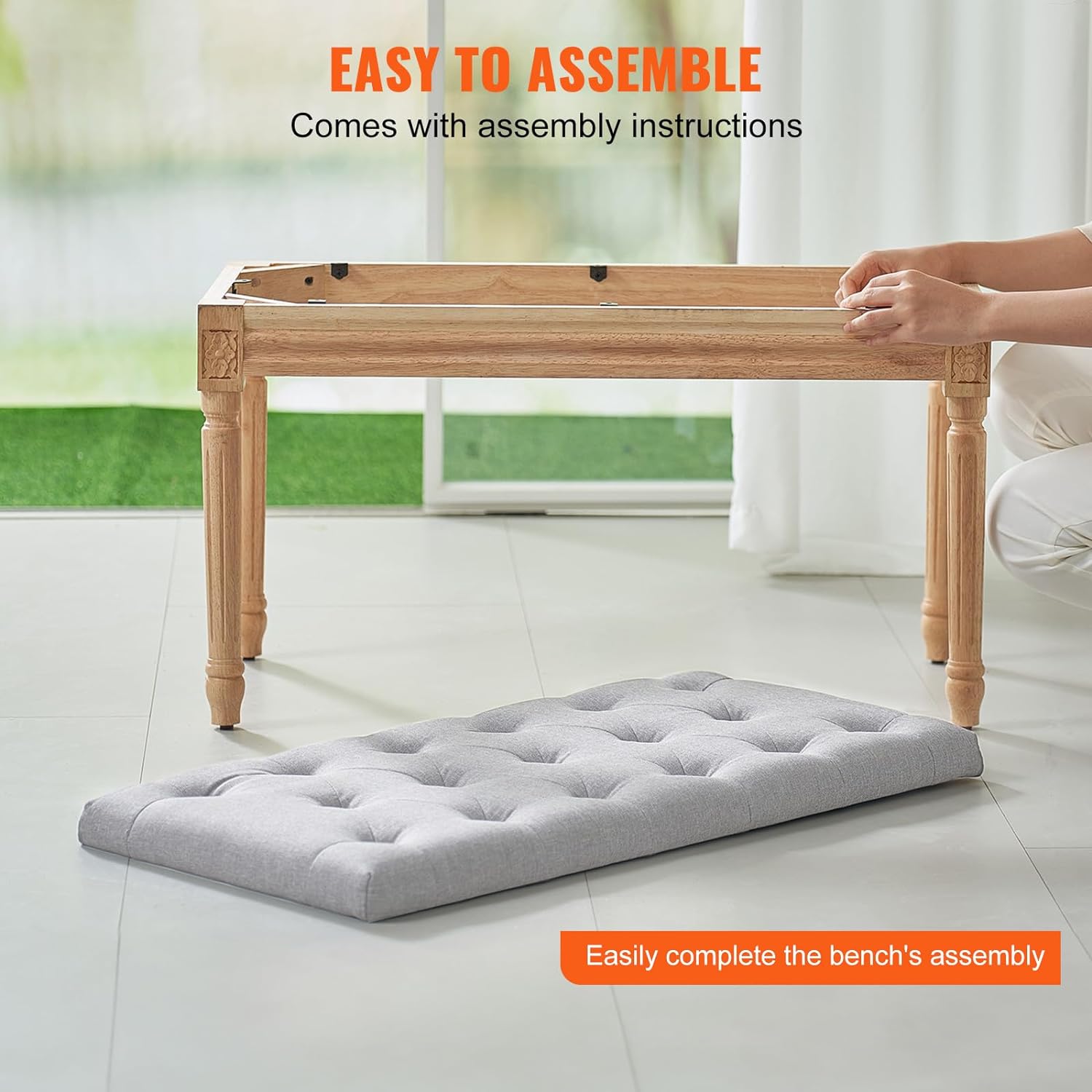 VEVOR Banco tapizado para el extremo de la cama, cojín acolchado de espuma de tocador y patas de madera de caucho, taburete reposapiés copetudo,