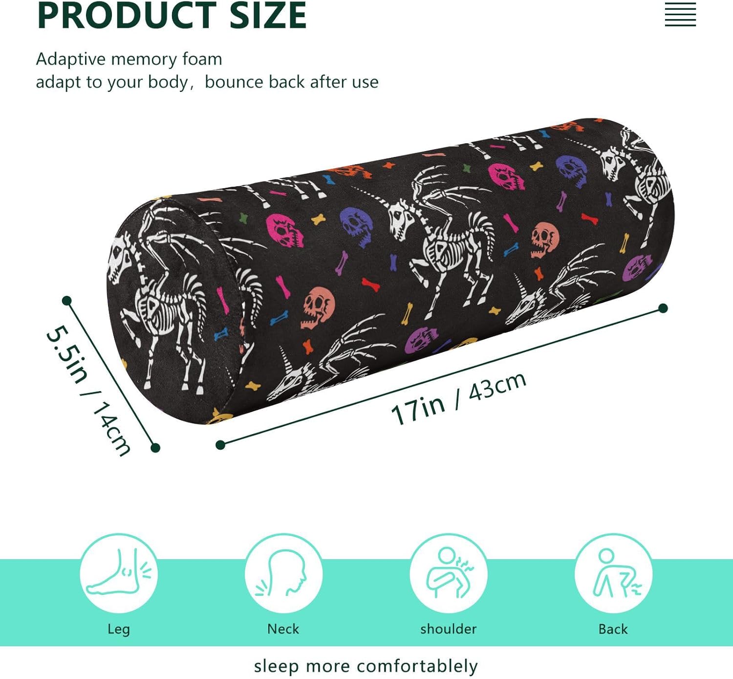 FRODOTGV Scary Skull Halloween Pegasus Horn Bolster Pillow for Legs Firm Firm Neck Roll Pillow Outdoor Round Pillows Neck Cushion Back Support