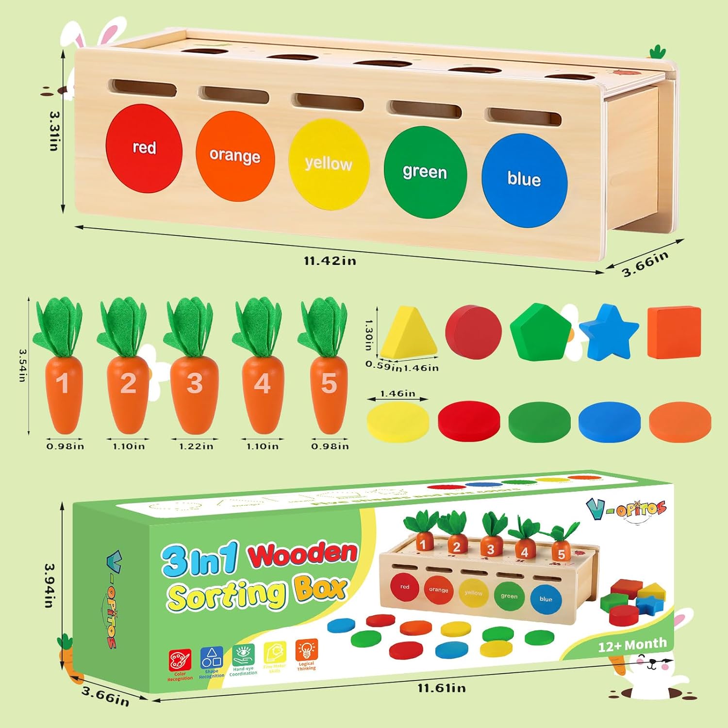 V-Opitos Juguetes Montessori para niños pequeños de 1, 2 y 3 años, caja de madera para clasificar colores y formas, juguetes de aprendizaje temprano