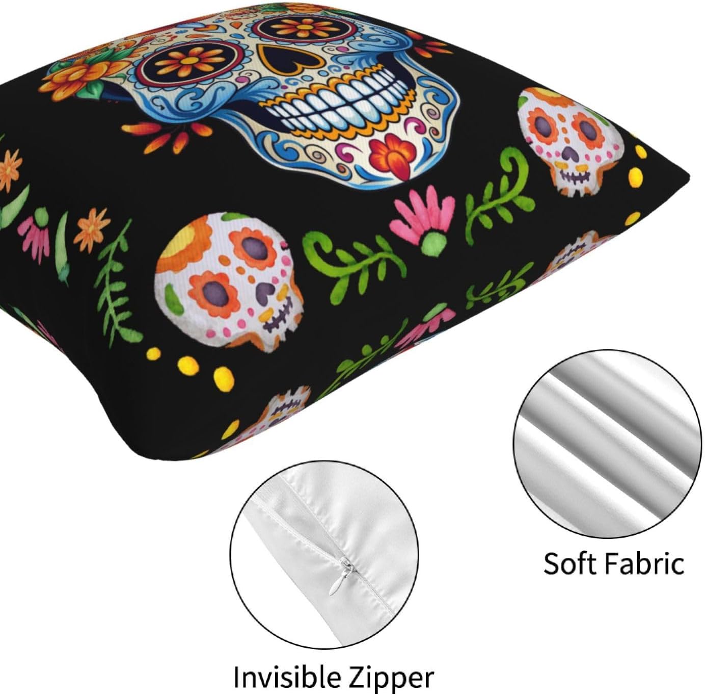 Yuejher 4 fundas de almohada decorativas del Día de los Muertos, fundas de almohada de calavera de azúcar mexicana, fundas de cojín cuadradas para