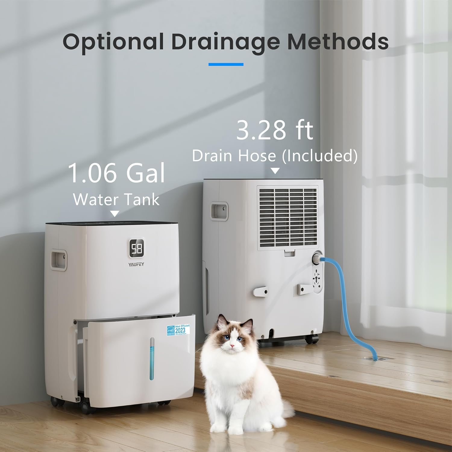 Yaufey Deshumidificador Energy Star de 80 pintas para sótano, hogar y habitación grande de hasta 5000 pies cuadrados, con manguera de drenaje,