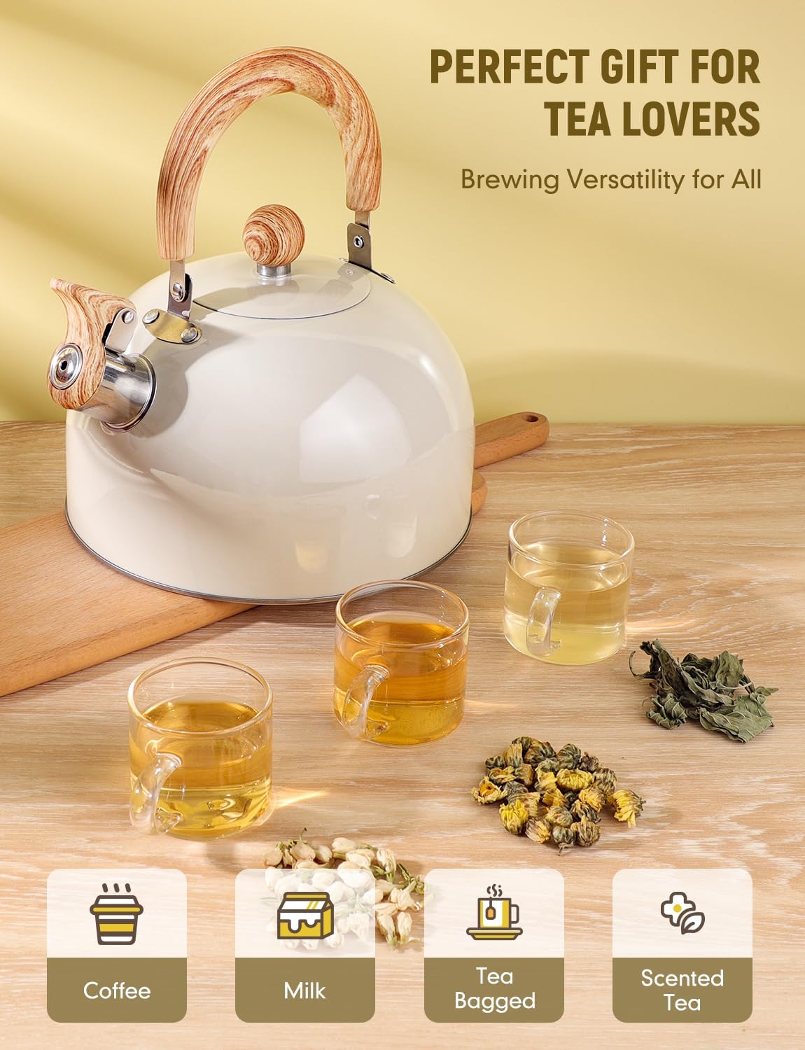 Hervidor de té Whistling para estufa, tetera de acero inoxidable de grado quirúrgico con mango ergonómico que se mantiene fresco, tetera de