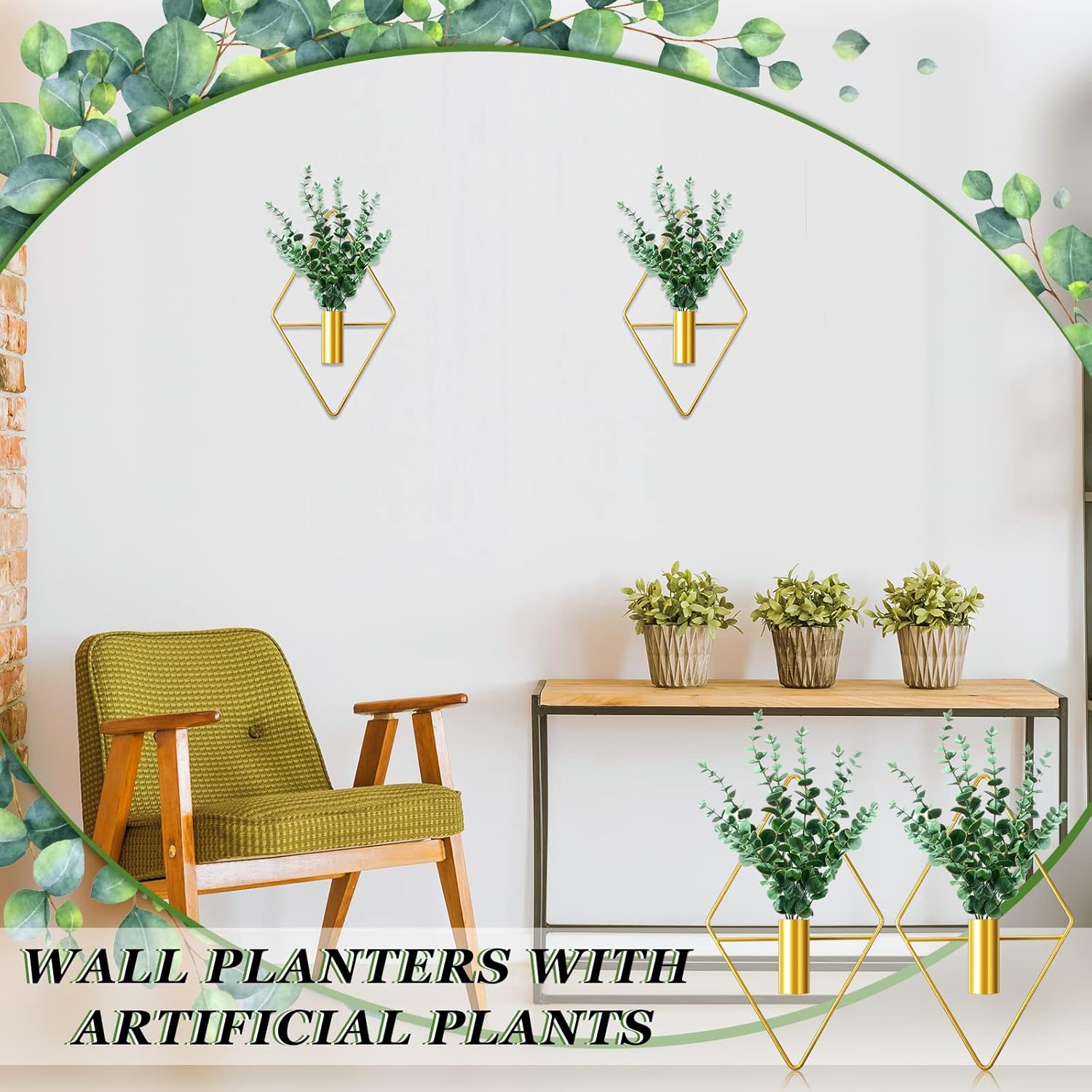 2 macetas colgantes en forma de diamante con plantas acuáticas artificiales, jarrón de metal, soporte para interiores, decoración de pared
