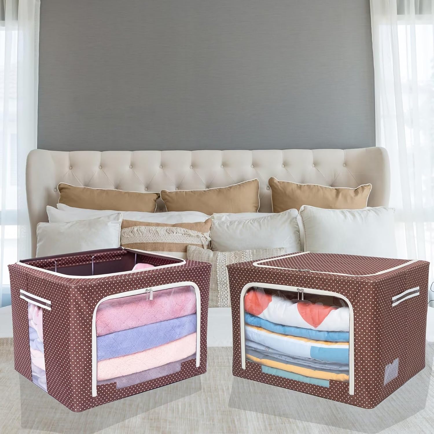 Caja de contenedores de almacenamiento de ropa con marco de acero apilable Ventana transparente plegable para ropa de cama de suéter