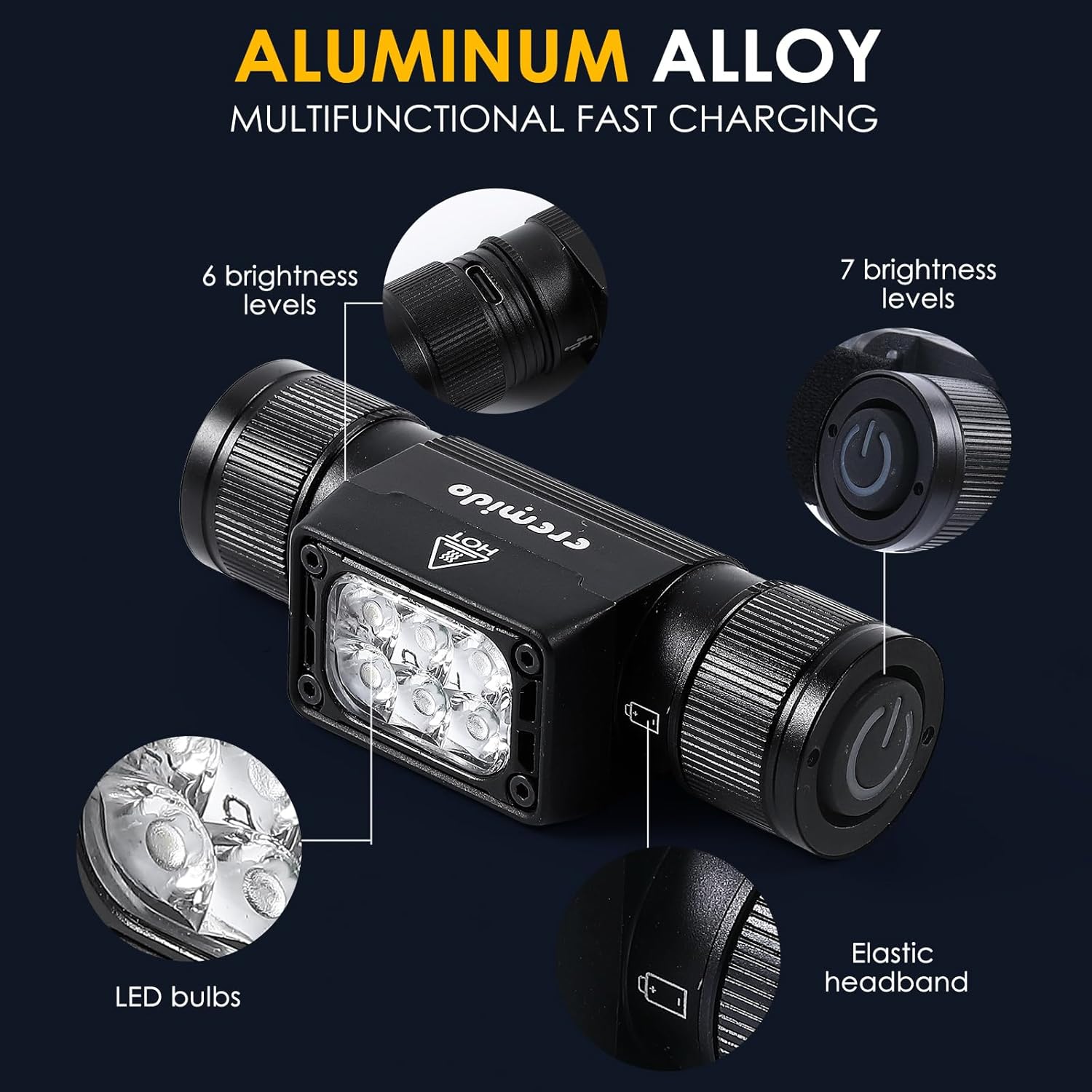 Faros multifuncionales, luz roja, verde y blanca, faros LED en y 7 modos, hechos de aleación de aluminio con rotación de 180 grados y recargable