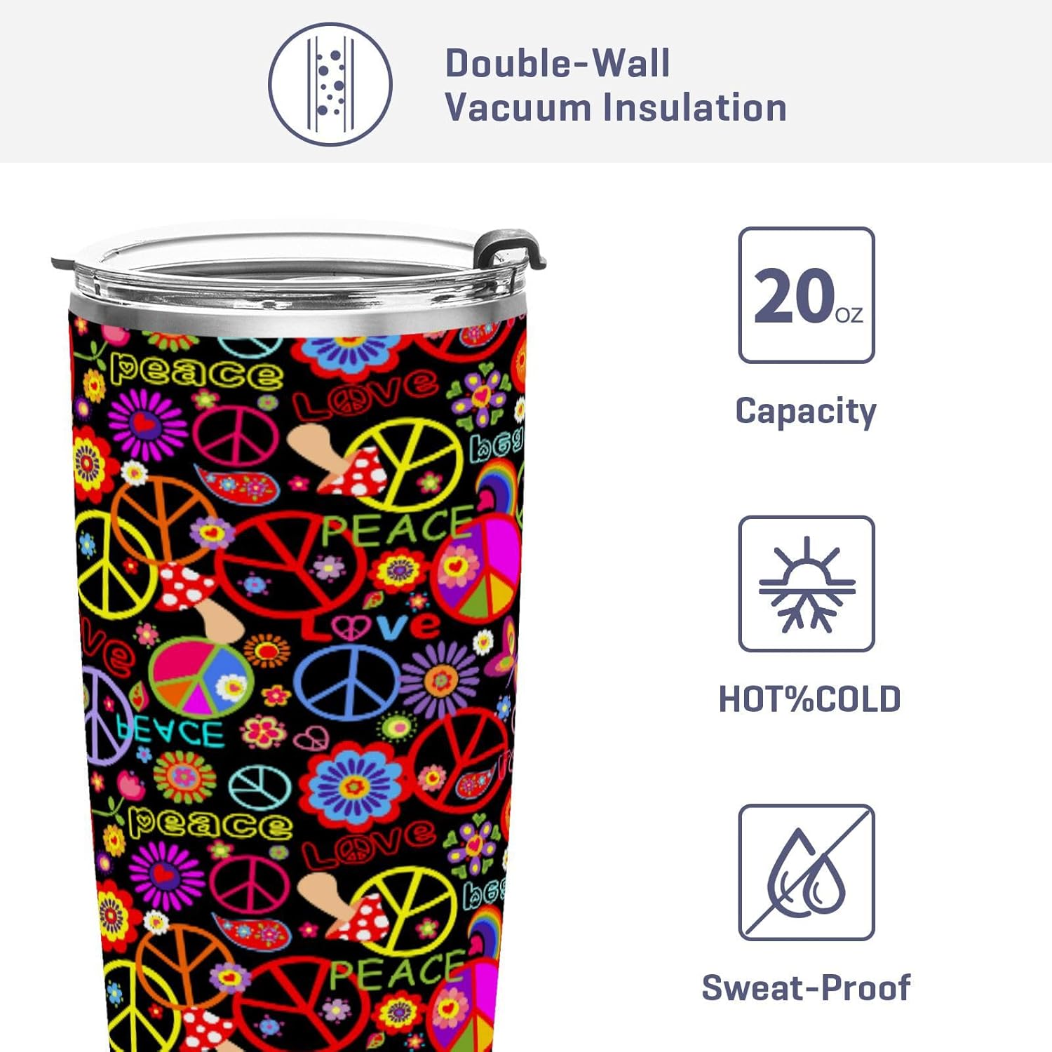 Taza aislada de acero inoxidable con diseño de arcoíris y texto en inglés “Peace Love” de 20 onzas, a prueba de fugas, reutilizable, con tapa y
