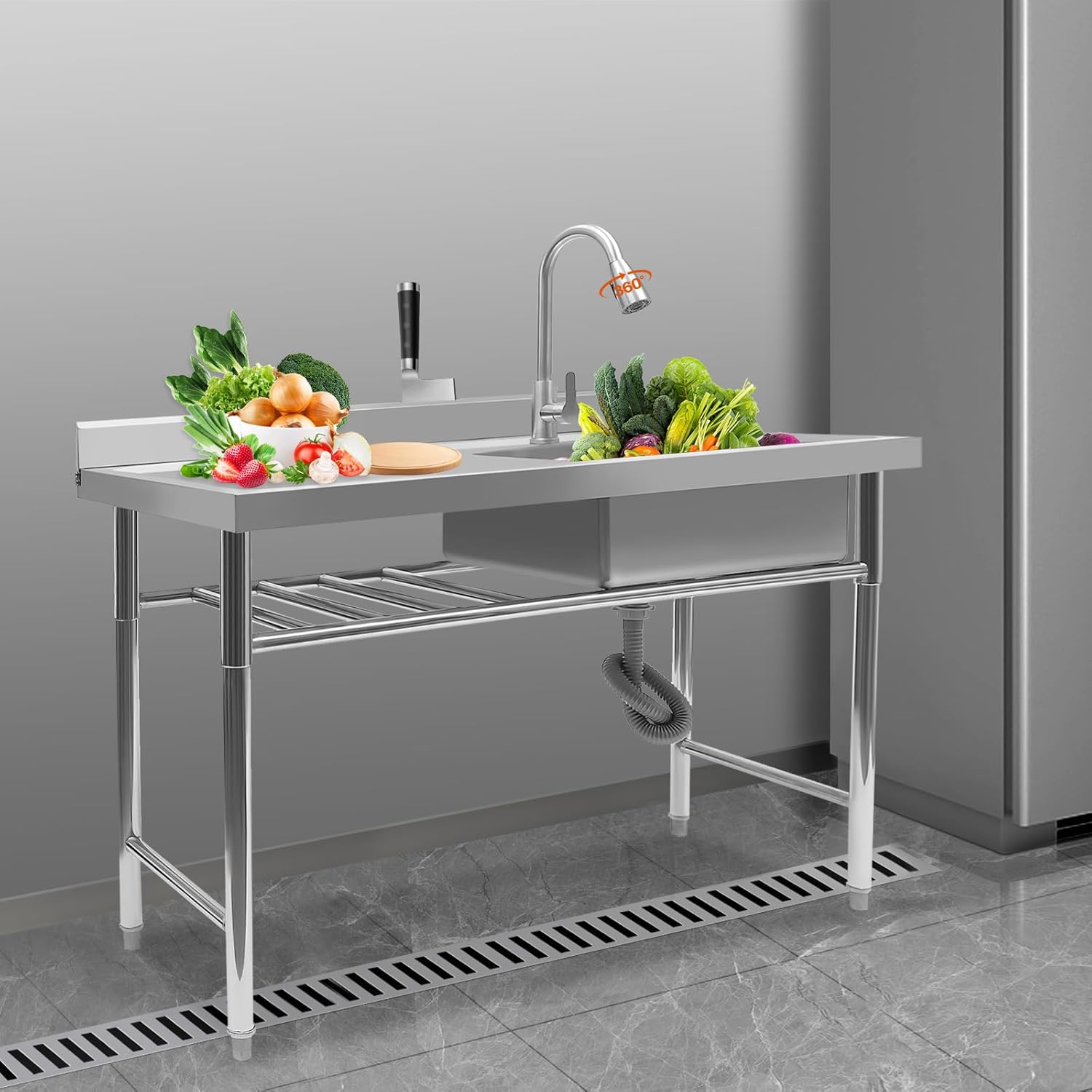 Fregadero de cocina comercial de 1 compartimento, fregadero de restaurante, tabla de drenaje de acero inoxidable con cuenco de drenaje grande y