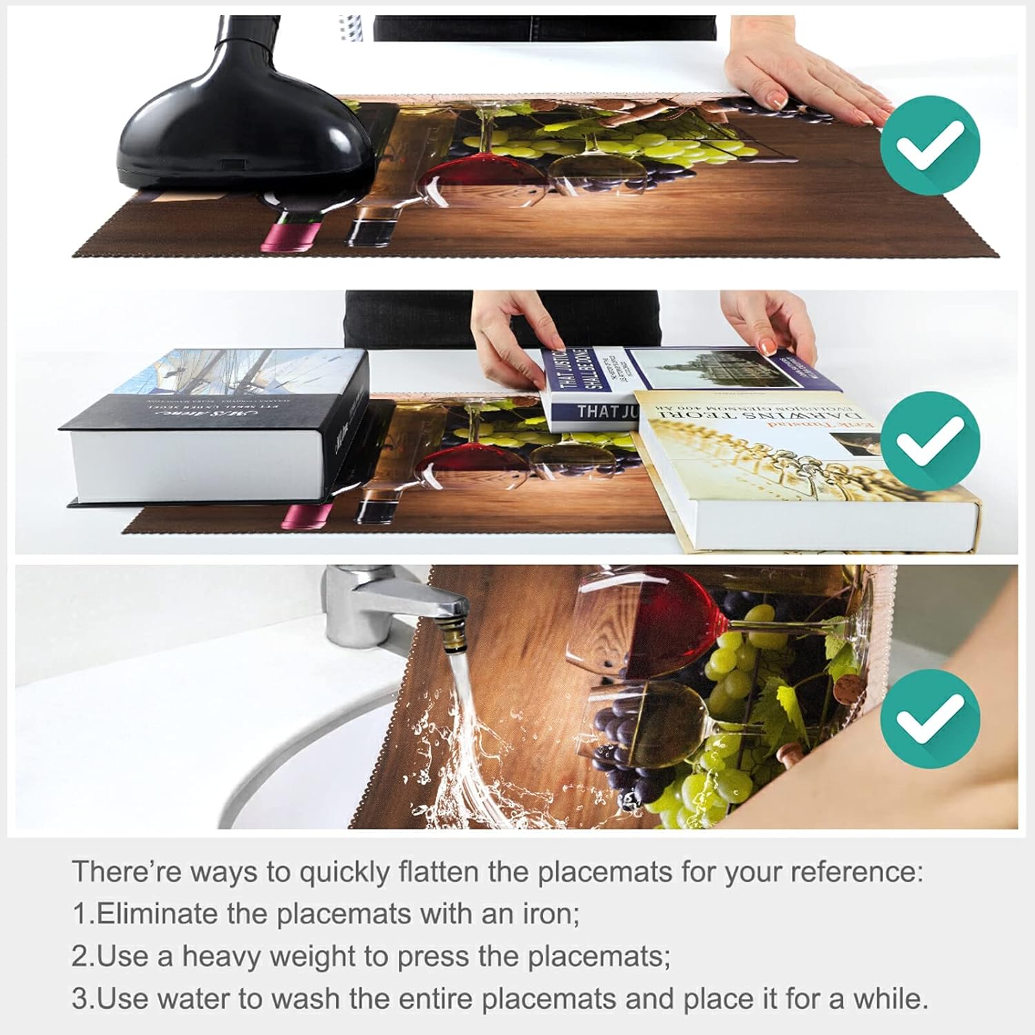 visesunny Juego de 4 manteles individuales con patrón de madera para copas de vino, uvas, manteles individuales antideslizantes para decoración de