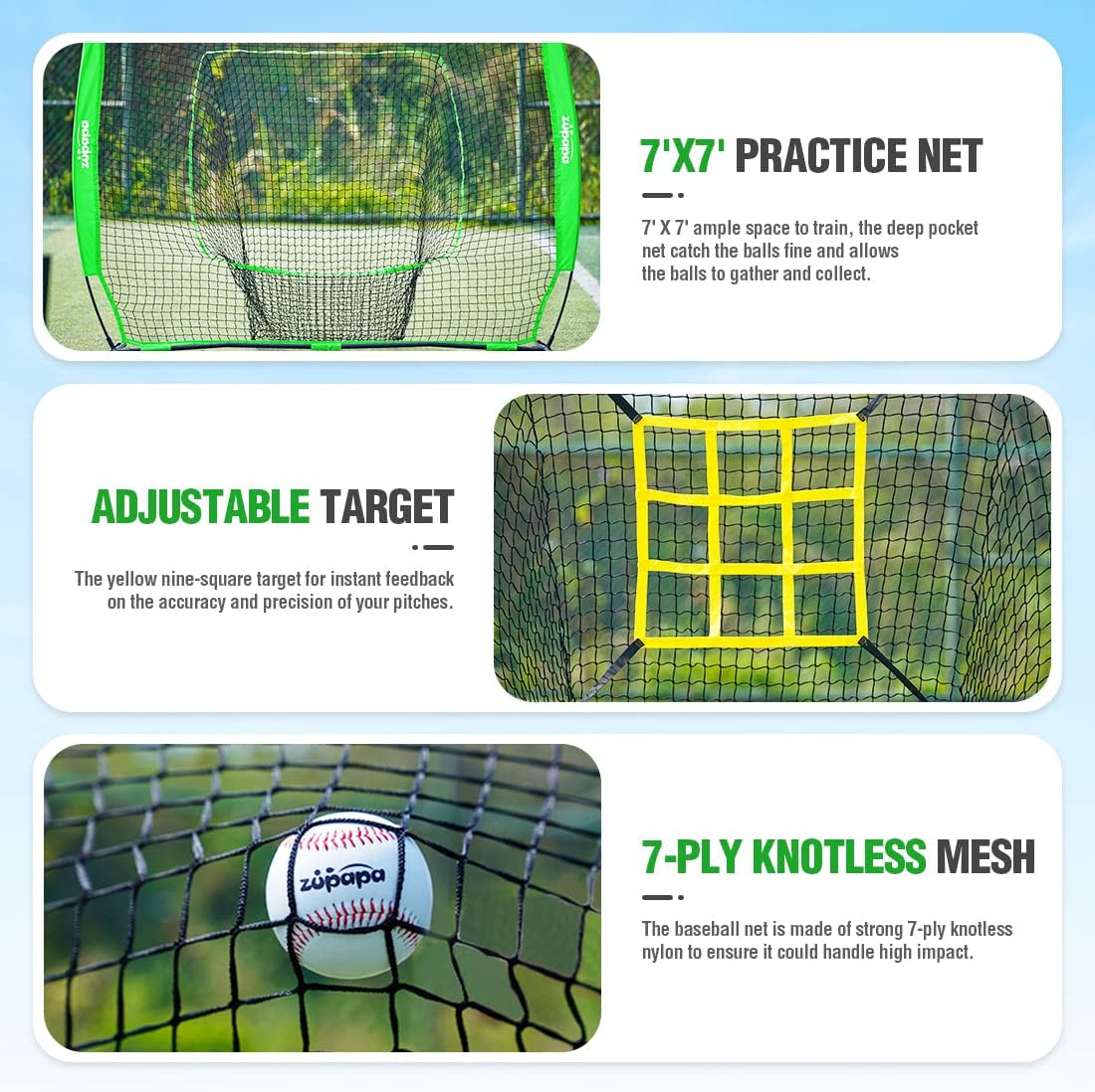 Zupapa Combo de práctica de béisbol y sóftbol, 7 x 7 pies, paquete de 12 pelotas de béisbol, zona de ataque vívido mejorada, red de práctica de