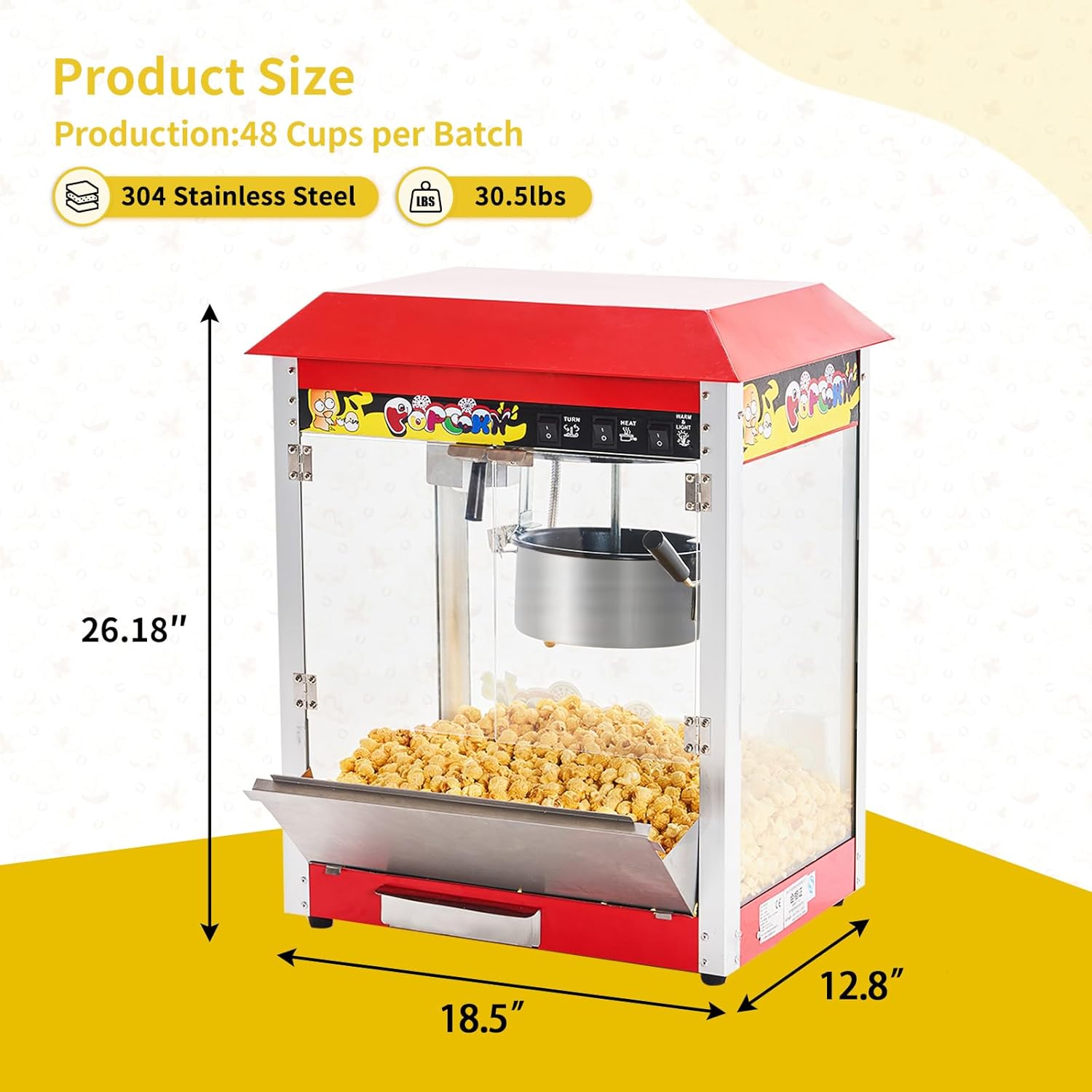 Máquina comercial de palomitas de maíz, hervidor de 10 onzas, máquina de palomitas de maíz para encimera de 1300 W para 60 tazas por lote, máquina