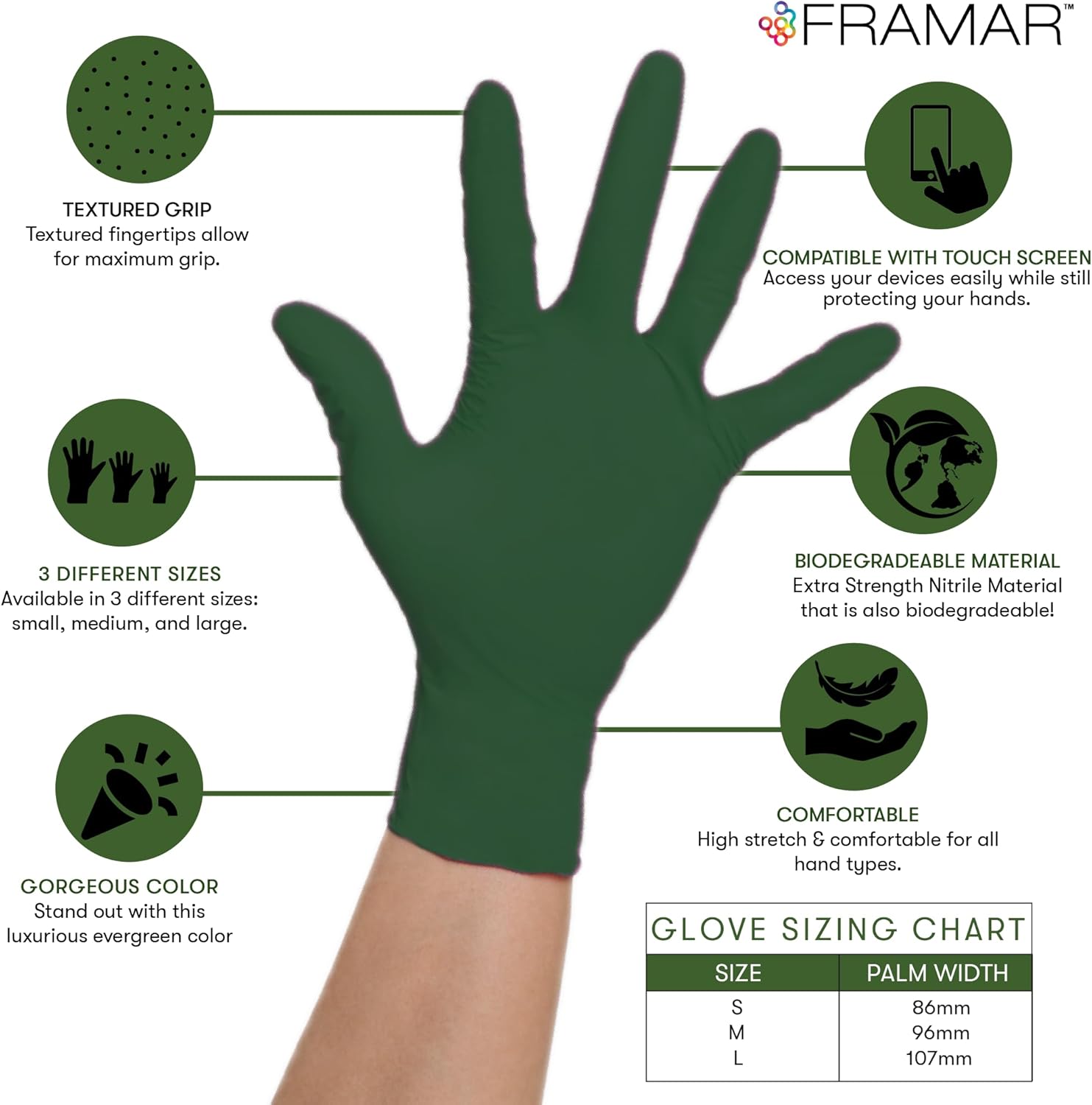 FRAMAR Guantes verdes desechables sin látex, guantes de nitrilo resistentes medianos, guantes desechables medianos, guantes de nitrilo medianos,