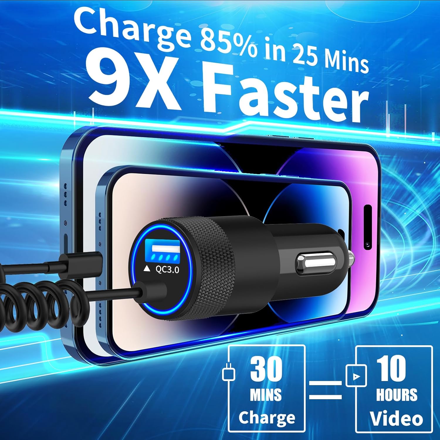 Apple MFi Certified iPhone Charger Fast Car Charging, BARMASO 66W USB-C PD&QC3.0 Power Rapid Car Charger + Built-in 6FT Lightning Coiled Cord Quick