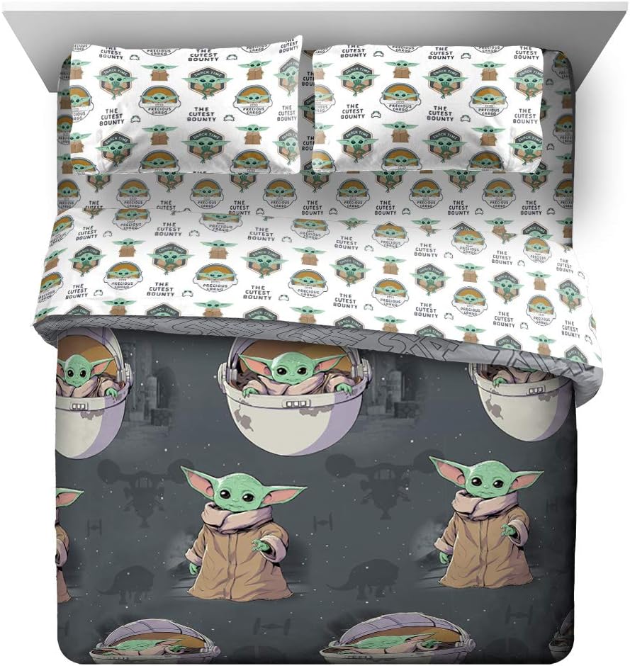 Juego de ropa de cama Queen de 5 piezas de Star Wars The Mandalorian The Child, incluye edredón reversible y sábanas con Baby Yoda, de microfibra