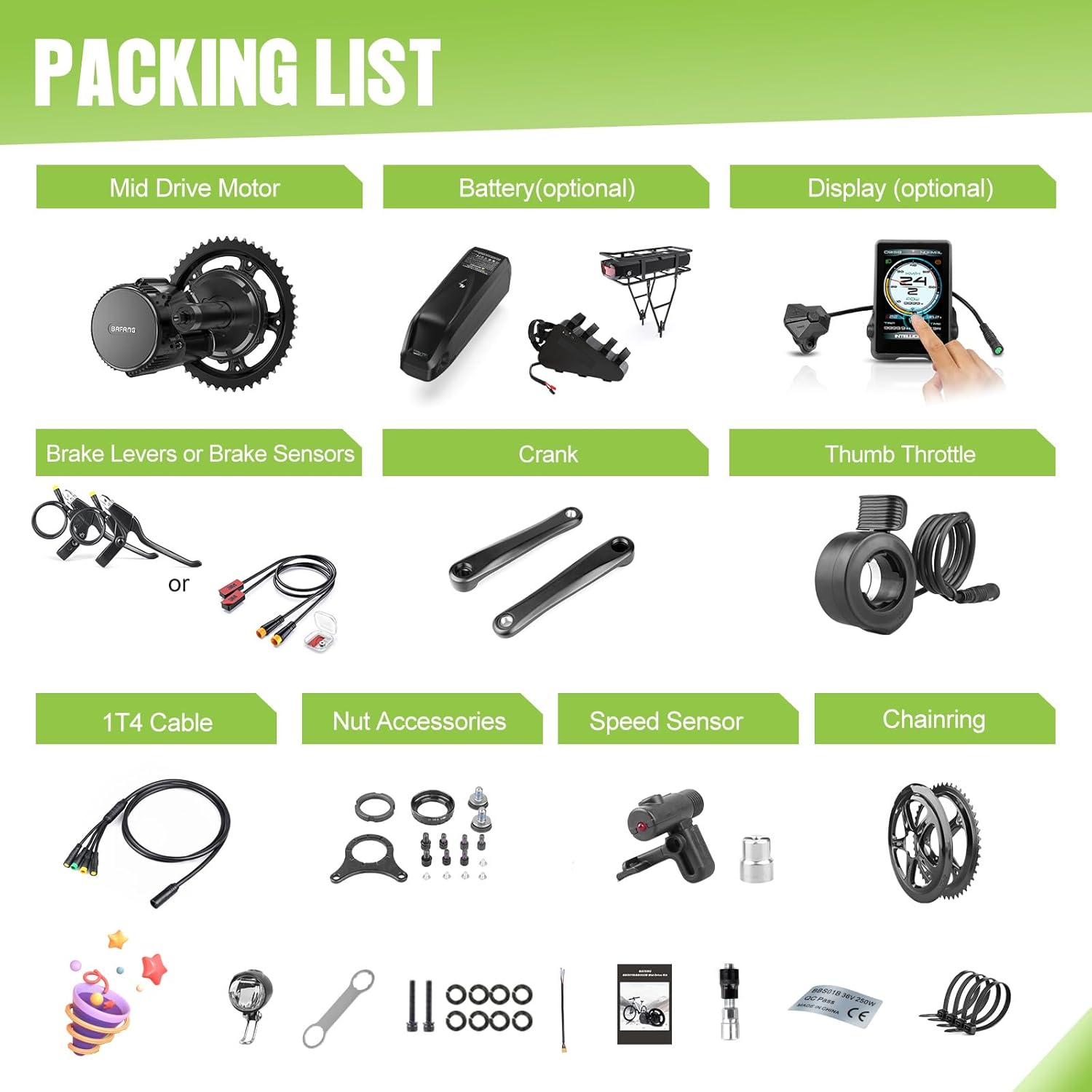 BAFANG Kit de transmisión media de 750 W con batería Opcional BBS02B 8FUN Kit de conversión de bicicleta eléctrica con pantalla LCD y plato, kit de