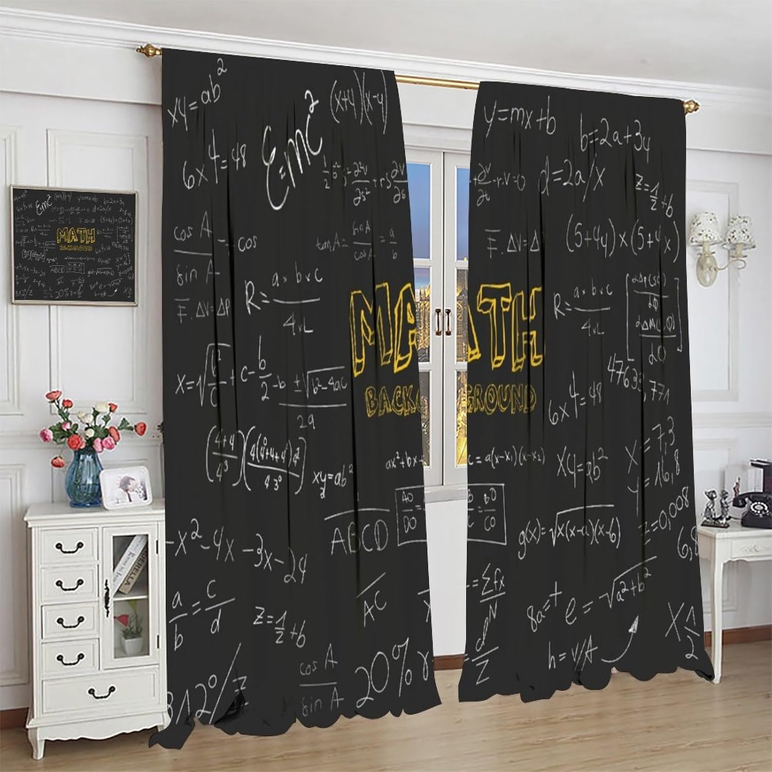 Cortinas de pizarra de matemáticas, diseño geométrico, matemáticas, física, fondo negro, cortinas opacas con bolsillo para barra, para dormitorio,