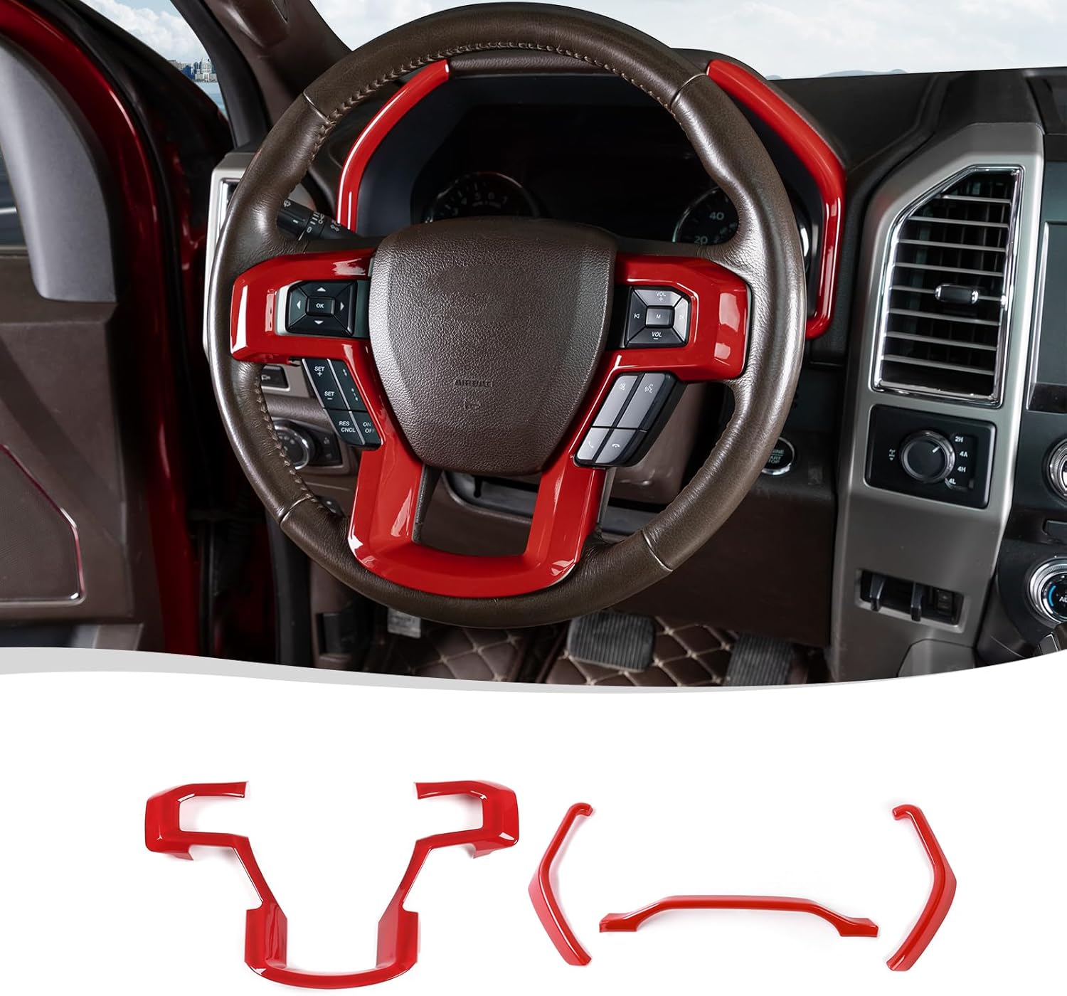 Voodonala Cubierta del panel del volante central con cubierta de tablero de salpicadero compatible con Ford F150 2015-2020 (4 unidades, ABS, rojo)