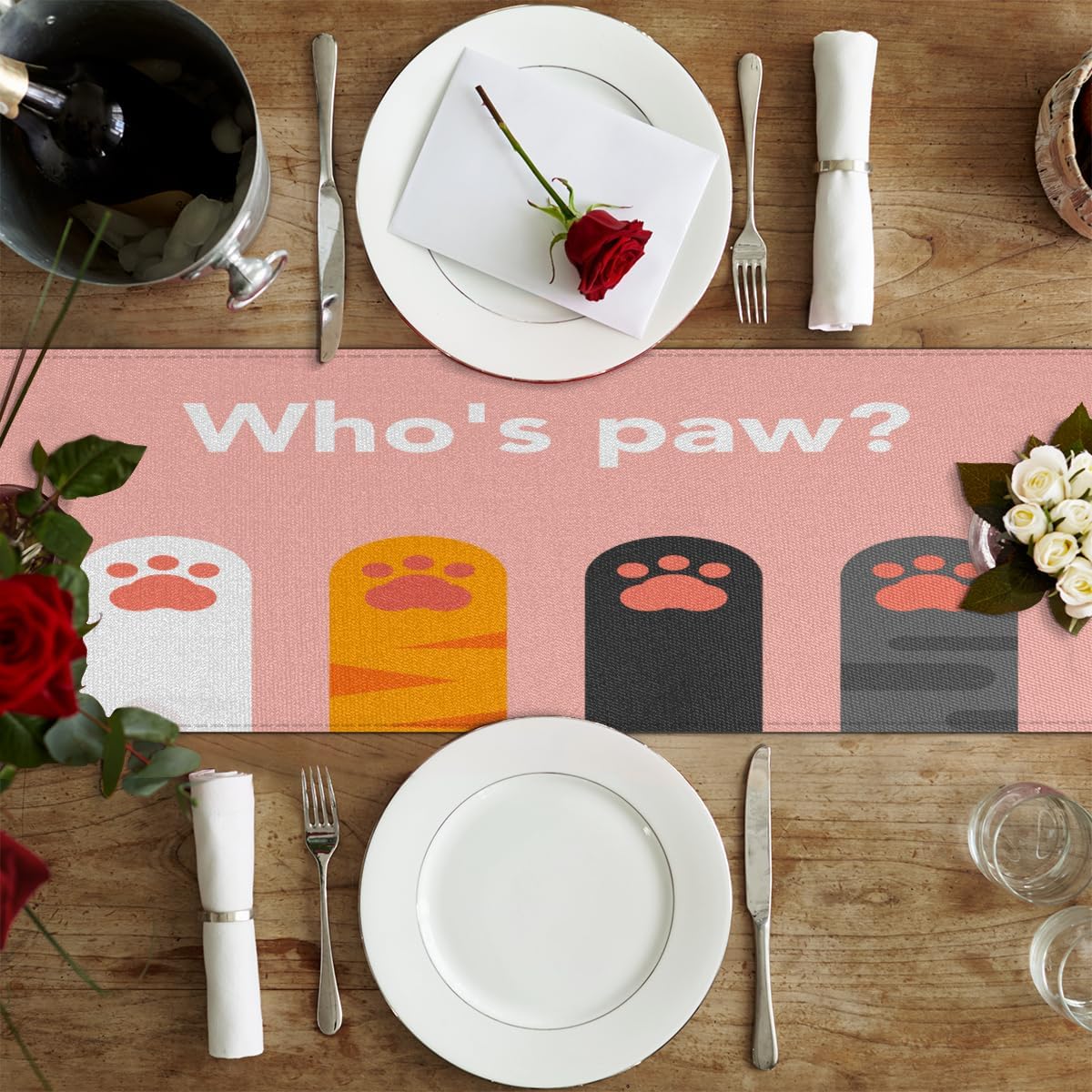 Table Runner Cute Animal Cat Paw Print Quote, Autumn Rustic Linen Table Cloth Kitchen Dining Table Decor for Home Party 13 x 72 Inches
