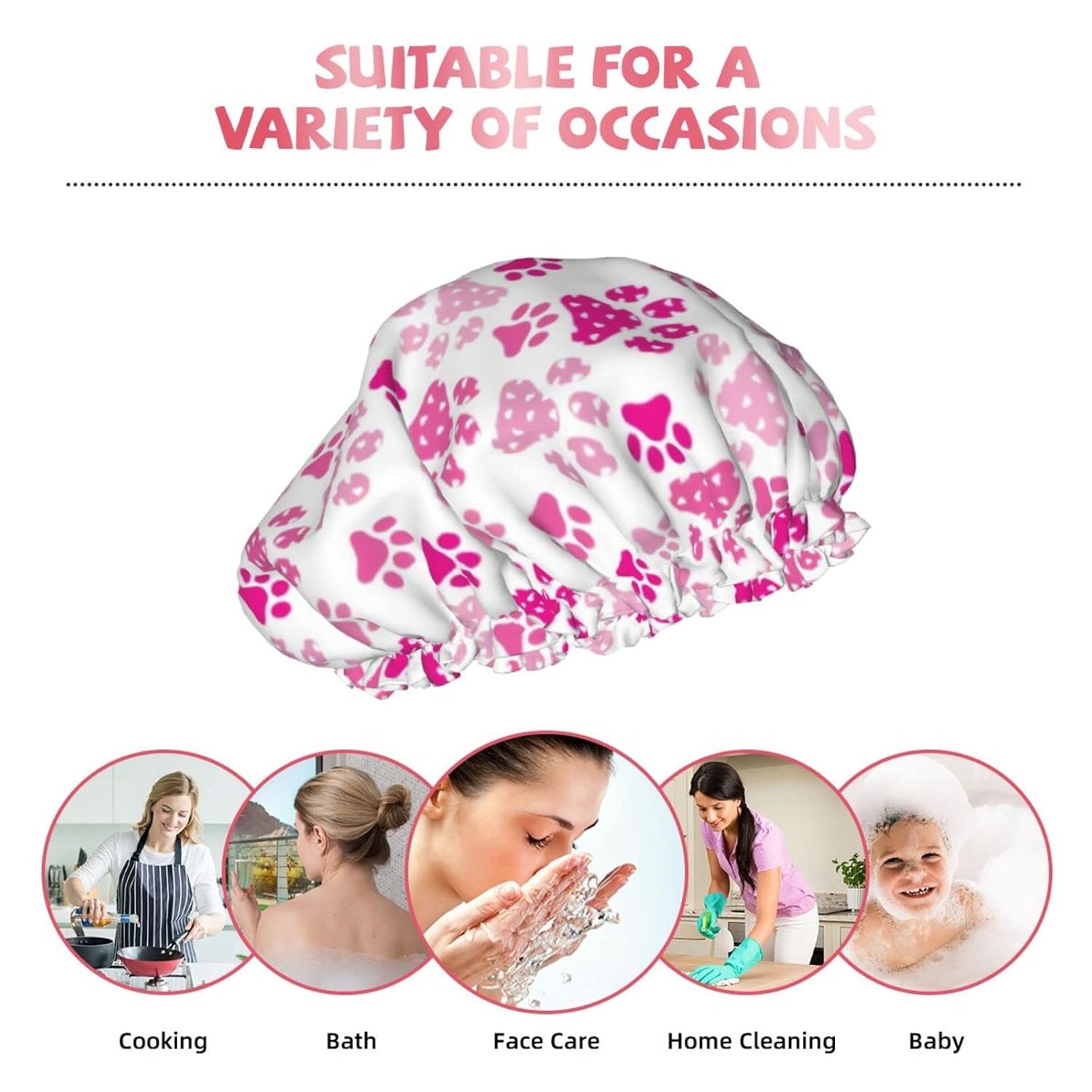 Gorro de ducha con estampado de pata de perro, color rosa, ajustable, doble capa impermeable, sombrero de ducha para baño, protección para el