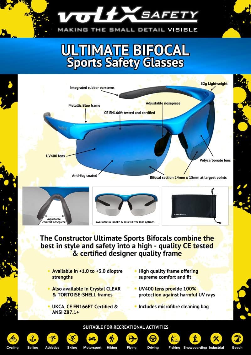 voltX ‘CONSTRUCTOR ULTIMATE’ Gafas de seguridad bifocales de lectura (marco azul, lente de espejo azul + 1.5 dioptrías) con certificación CE EN166FT