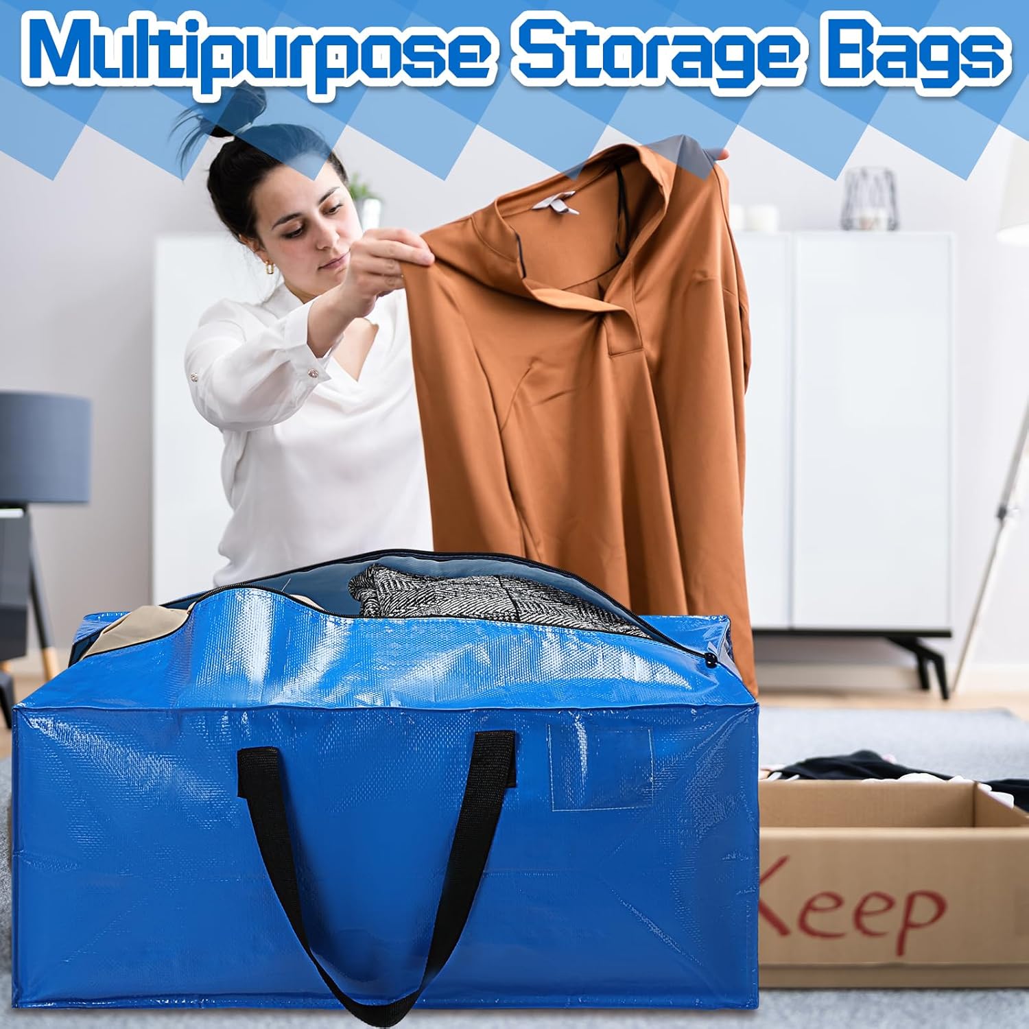 Wesnoy Paquete de 8 bolsas de mudanza a granel, bolsas de mudanza extra grandes con cremalleras y asas, bolsa de almacenamiento impermeable, bolsas