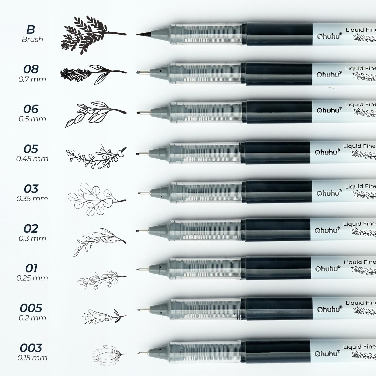 Ohuhu Bolígrafos fineliner líquidos, 9 tamaños, pigmento, tinta negra, microbolígrafos para bocetos, marcadores de alcohol, 216 colores, pincel y