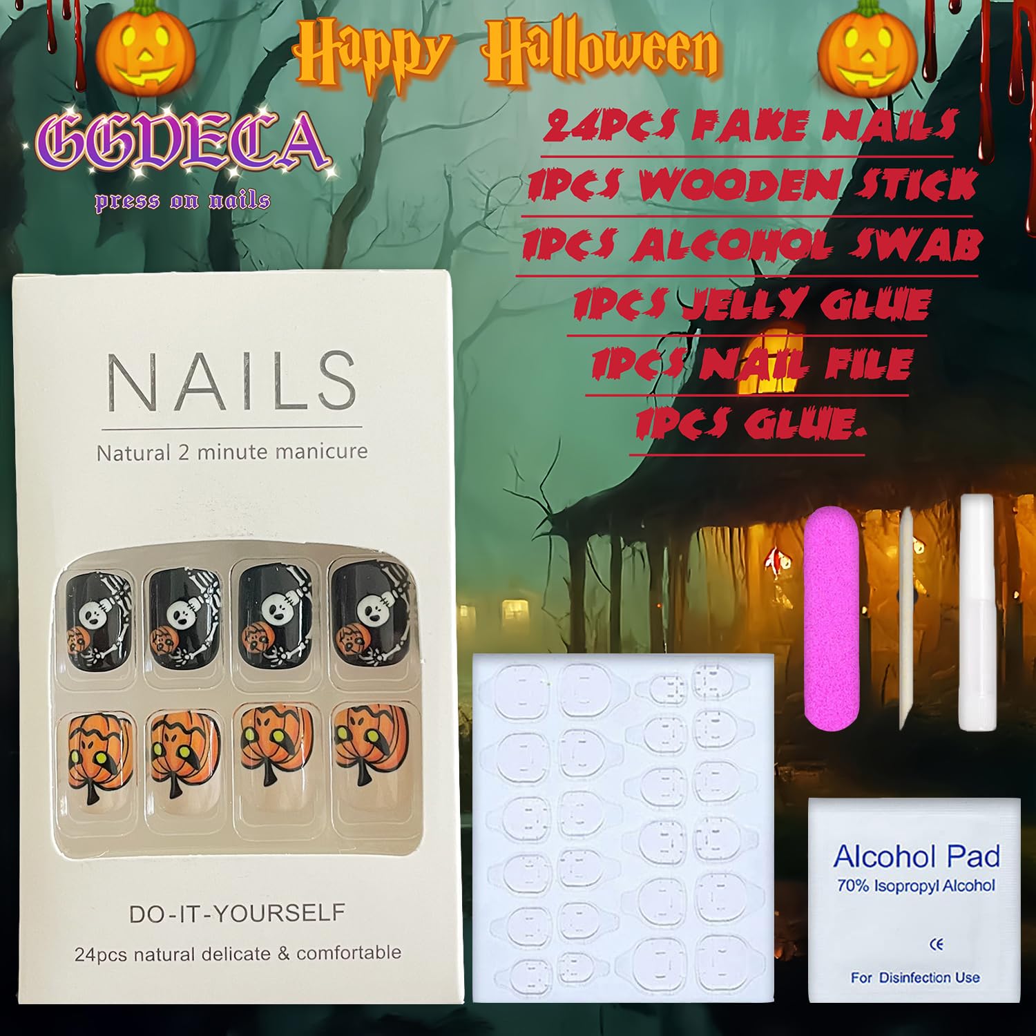 Uñas postizas cortas a presión de Halloween, uñas postizas cuadradas, color nude, negro, con pegamento, para Halloween, linda telaraña, murciélago,