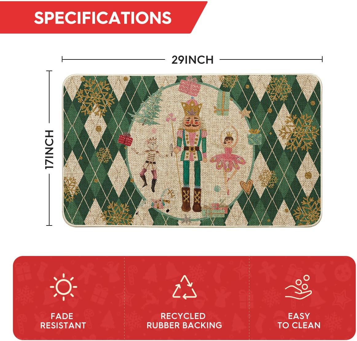 Artoid Mode Felpudo de Navidad con diseño de cascanueces de diamantes verdes, decoración del hogar, tapete de bajo perfil para puerta, 17 x 29