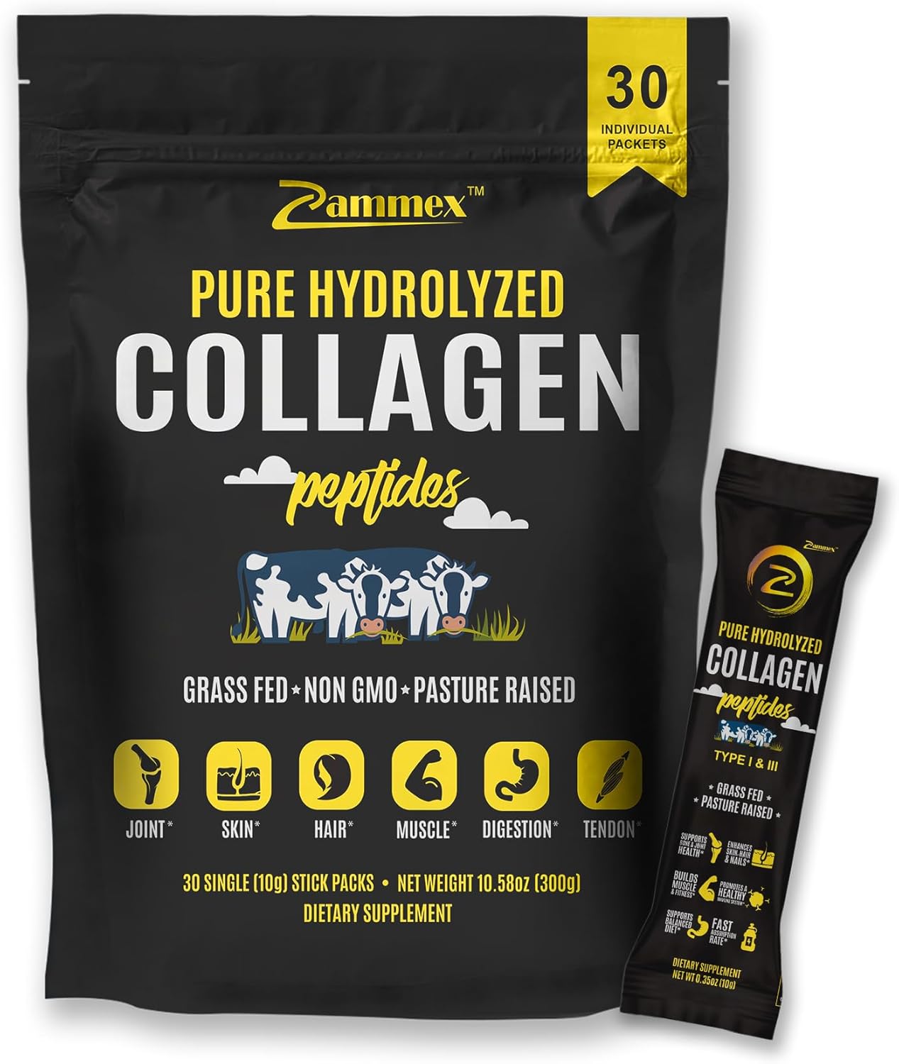 Zammex Paquetes de polvo de proteína de caldo de hueso + paquetes de viaje de polvo de péptidos de colágeno (tipo I, III)