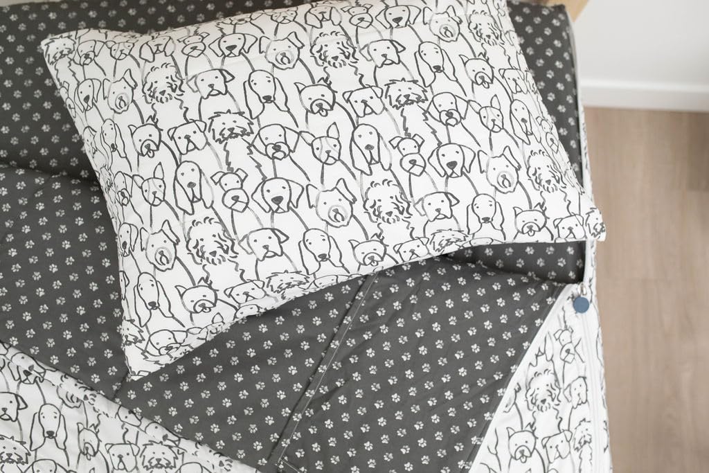 Beddy’s Nod & Winks – Juego de ropa de cama tamaño matrimonial con cremallera para niños, tema de perros cachorros, juego blanco de 5 piezas con