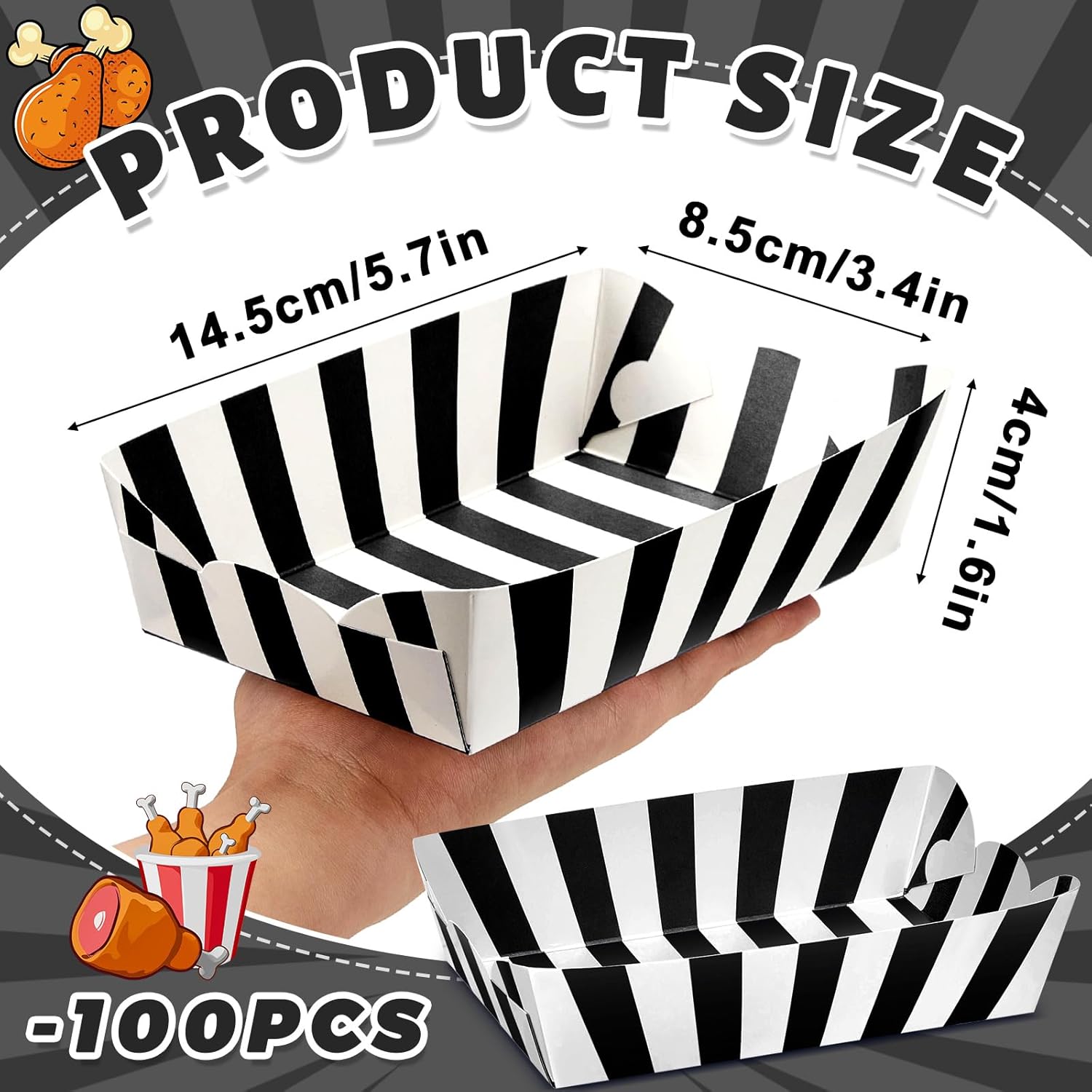 100 bandejas de papel a rayas para alimentos, botes de papel para alimentos, botes de papel para perros calientes, bandejas desechables para nachos,