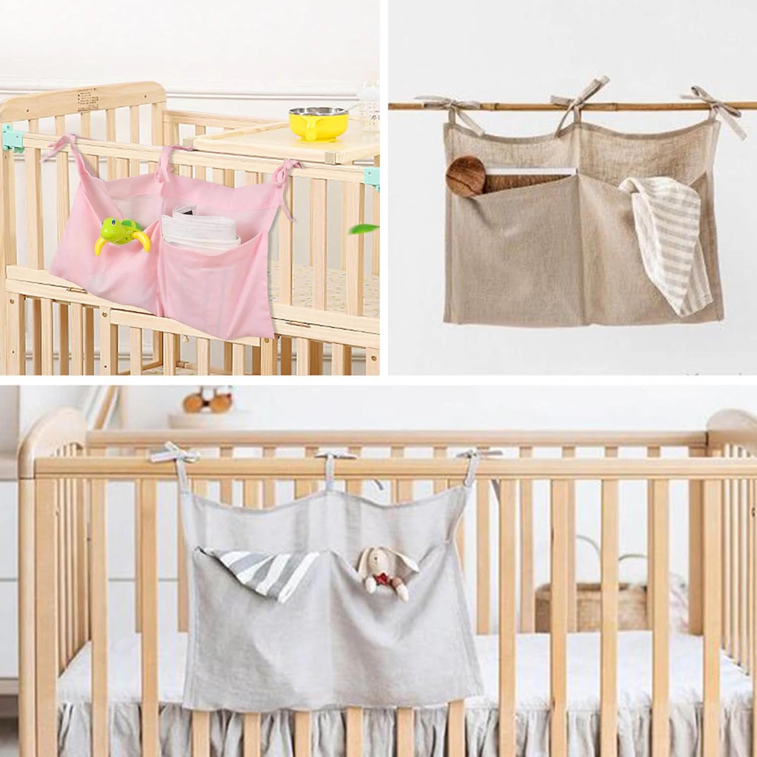 Bolsa de almacenamiento colgante para mesita de noche de bebé, organizador de 2 bolsillos para juguetes de cuna, almacenamiento de pañales para