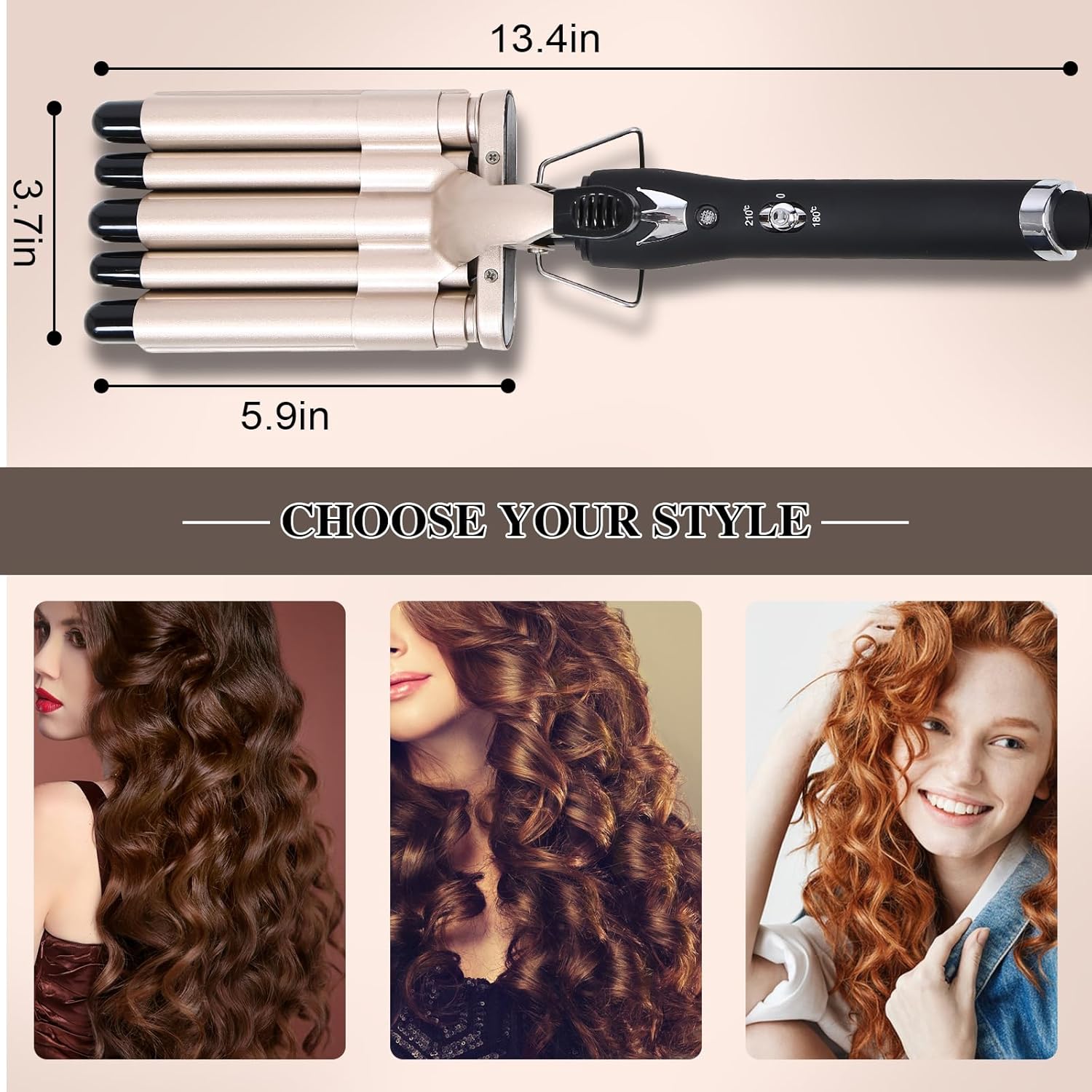 Rizador de pelo de 5 barriles de 0.6 pulgadas, rizador profesional con temperatura ajustable, para cabello corto y largo