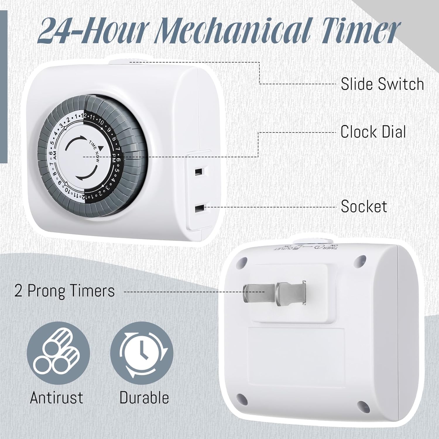 Temporizadores programables de 24 horas para enchufes eléctricos, temporizador mecánico de enchufe interior resistente, intervalos de 30 minutos,