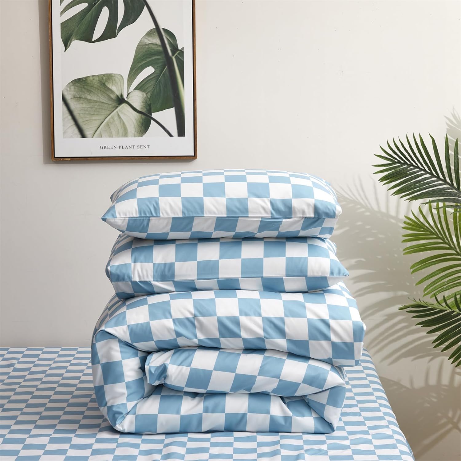 Juego de edredón de cuadrícula azul y blanco, juego de ropa de cama a cuadros azules y blancos para niñas, juego de edredón transpirable para niños,