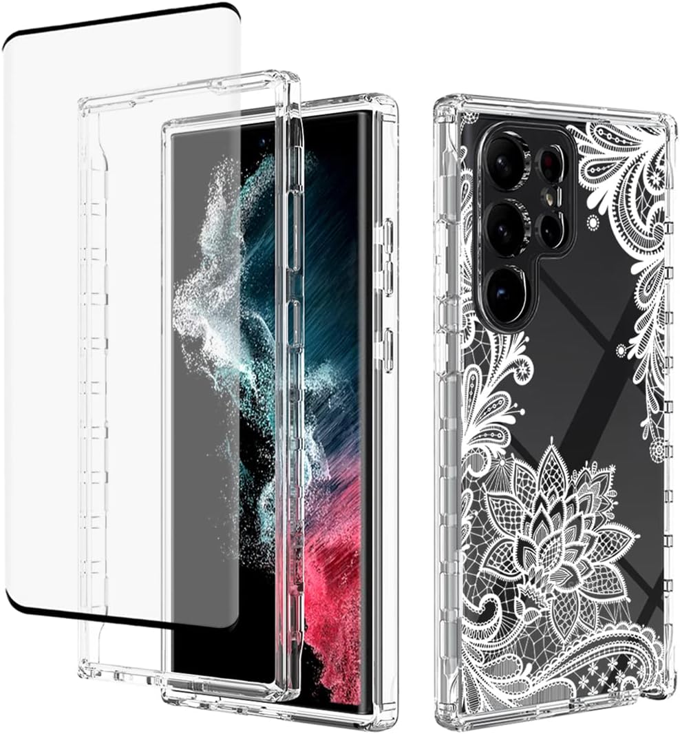 Funda para Galaxy S23 Ultra, Samsung S23 Ultra SM-S918U con protector de pantalla de vidrio templado, funda protectora de cuerpo completo con patrón