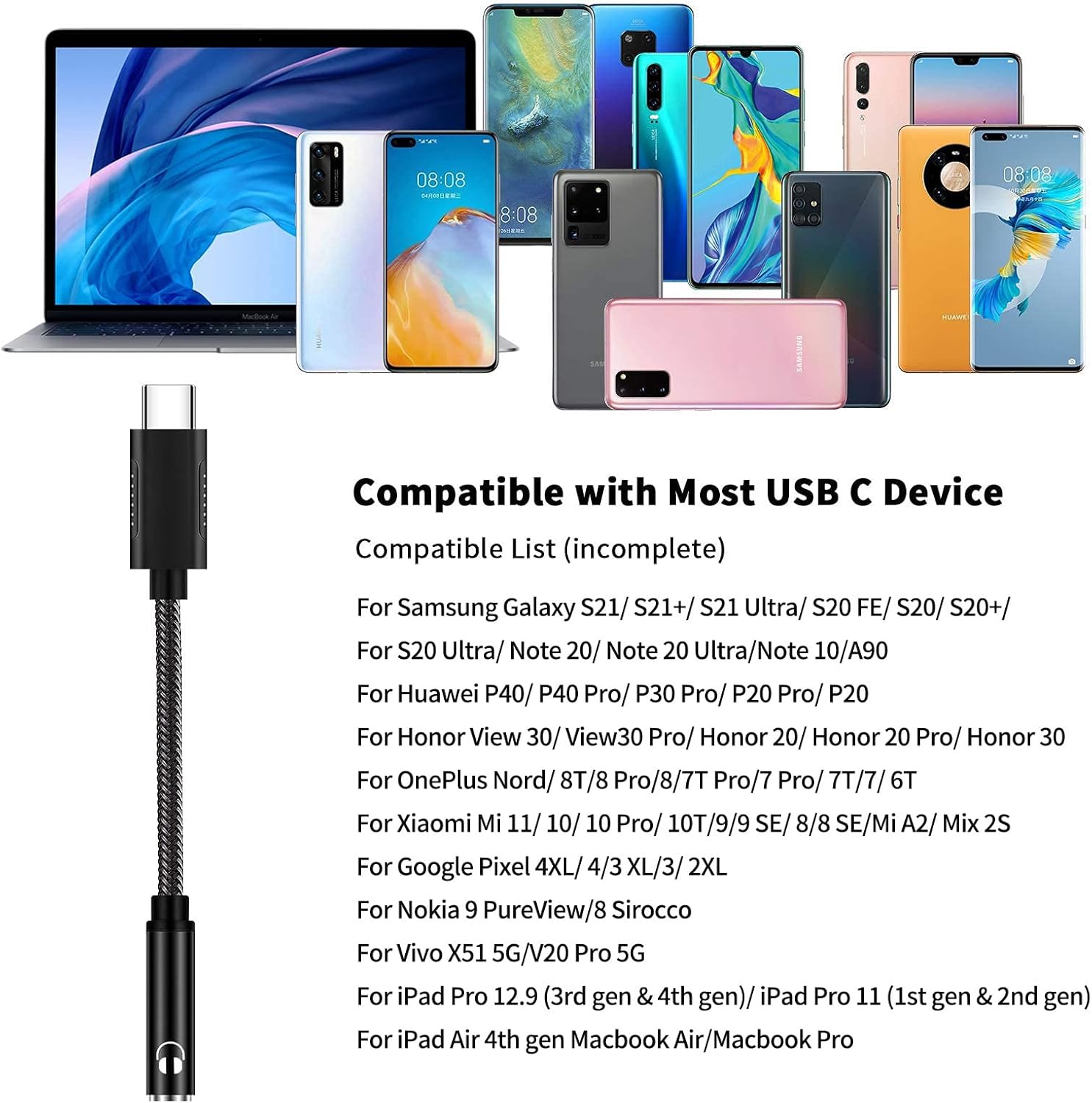 ACAGET Adaptador de auriculares USB C a 0.138 in, convertidor de conector de audio USB tipo C, chip DAC, cable trenzado, adaptador de auriculares
