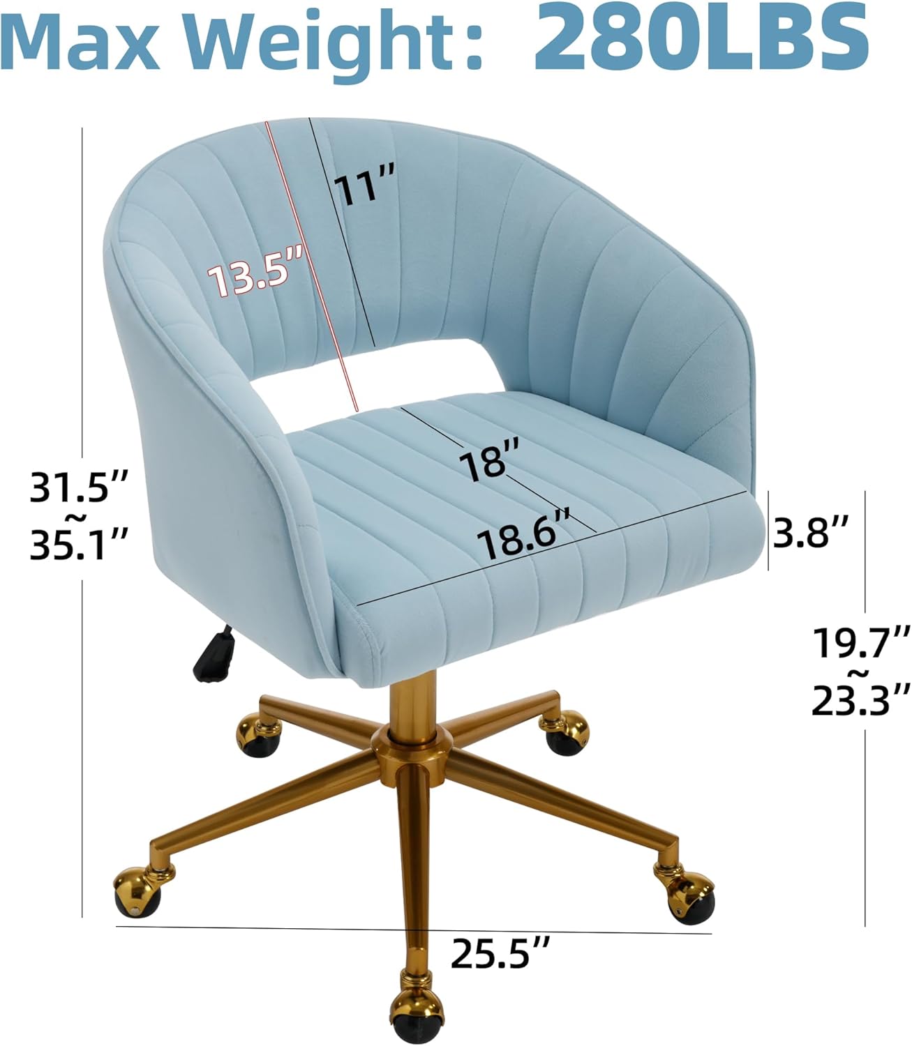Westice Sillas de escritorio de oficina en casa, moderna silla rodante de terciopelo, silla giratoria de altura ajustable con base dorada, silla