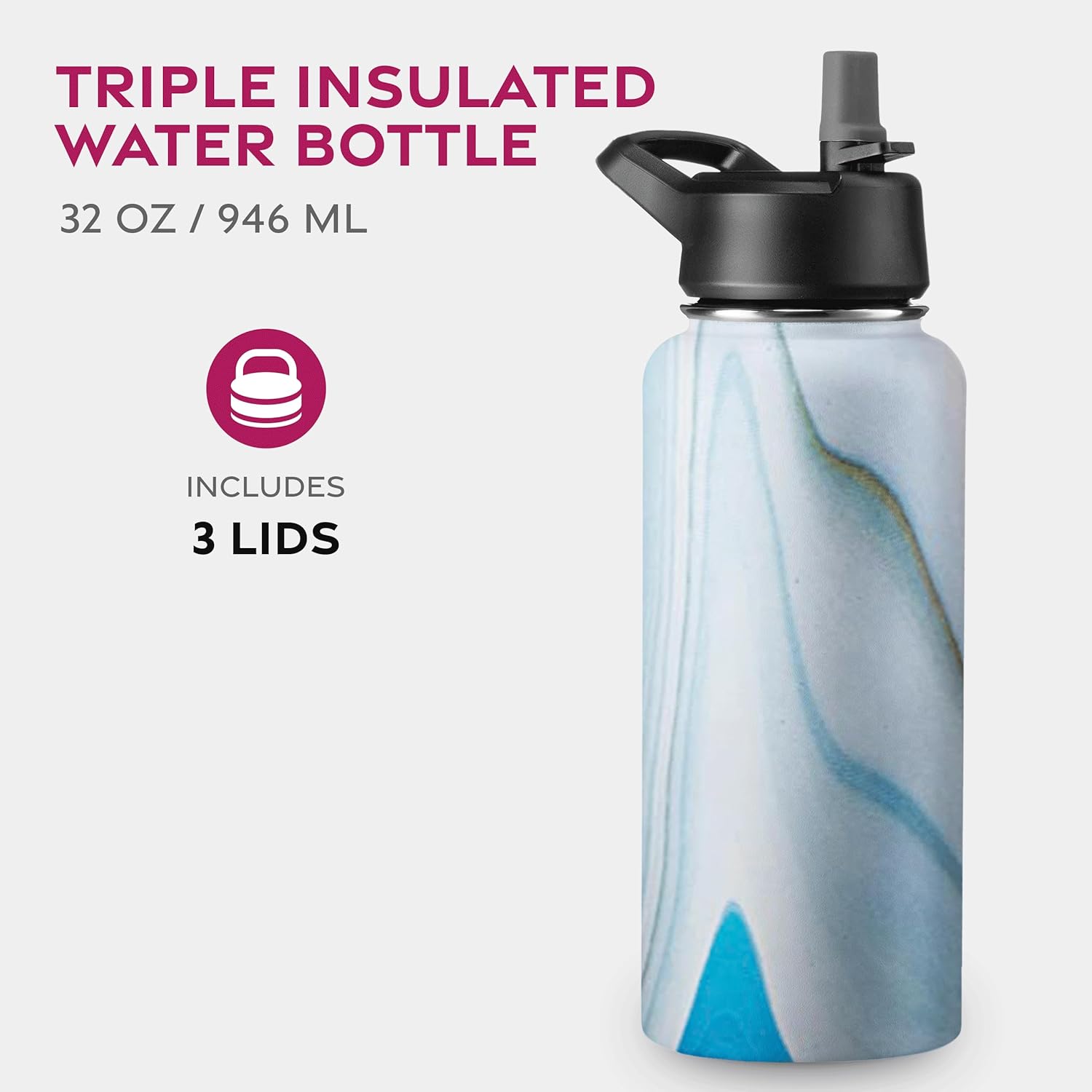 FineDine – Botella de agua de acero inoxidable con tapa de pajilla, tapa abatible, tapa de boca ancha (32 oz), botellas de agua aisladas, mantiene