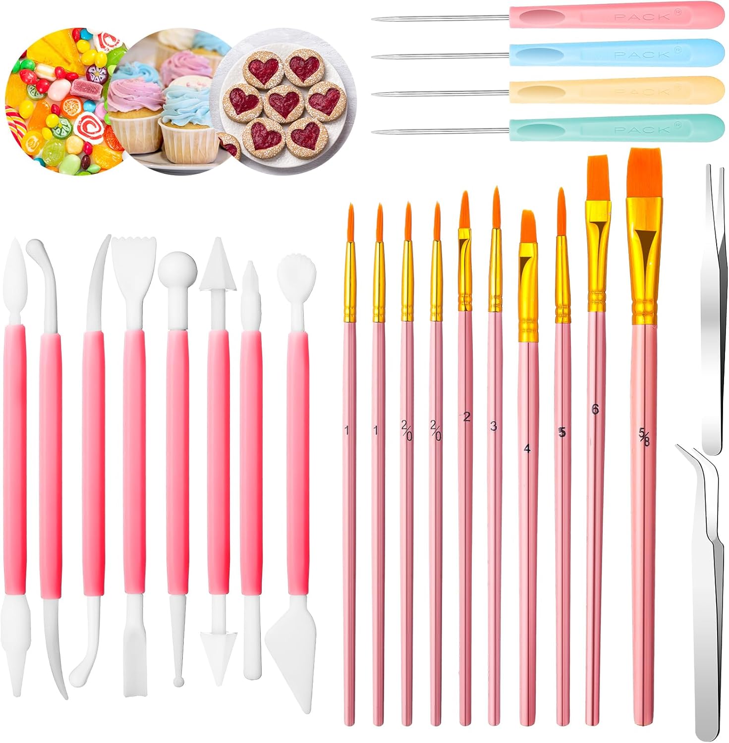 Juego de 24 herramientas de decoración de galletas, juego de herramientas de decoración de pasteles de fondant, incluye pinceles de decoración,