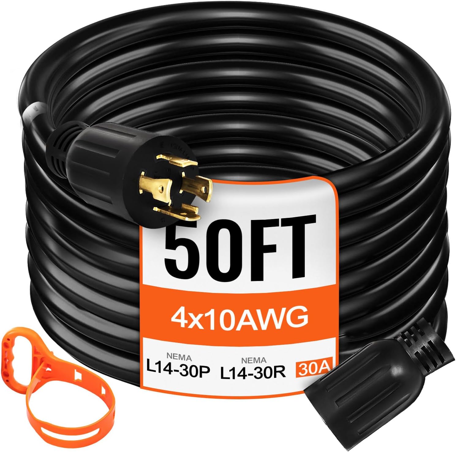VEVOR Cable de extensión para generador de 50 pies y 30 amperios SJTW 10 AWG, 4 clavijas, NEMA L14-30P 125250V, cable de alimentación de generador