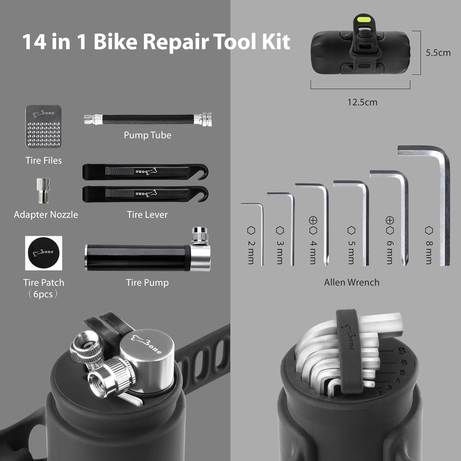 BONE Cápsula portátil de reparación de bicicletas, kit de herramientas de reparación de bicicletas 14 en 1, mantenimiento de bicicletas de