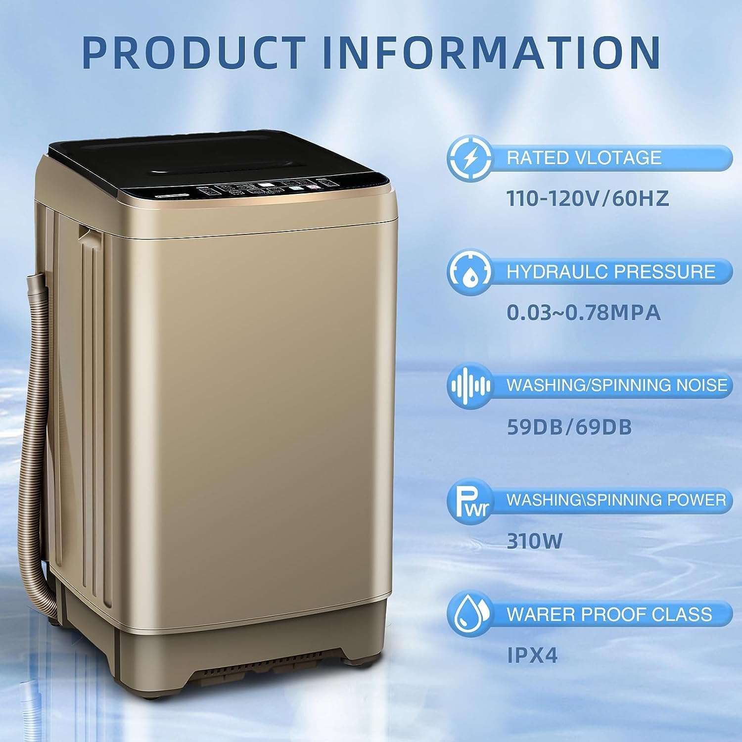 Lavadora completamente automática con pantalla LED, 10 programas y 8 niveles de agua seleccionados, 15.6 libras para el hogar, caravana, campamento,