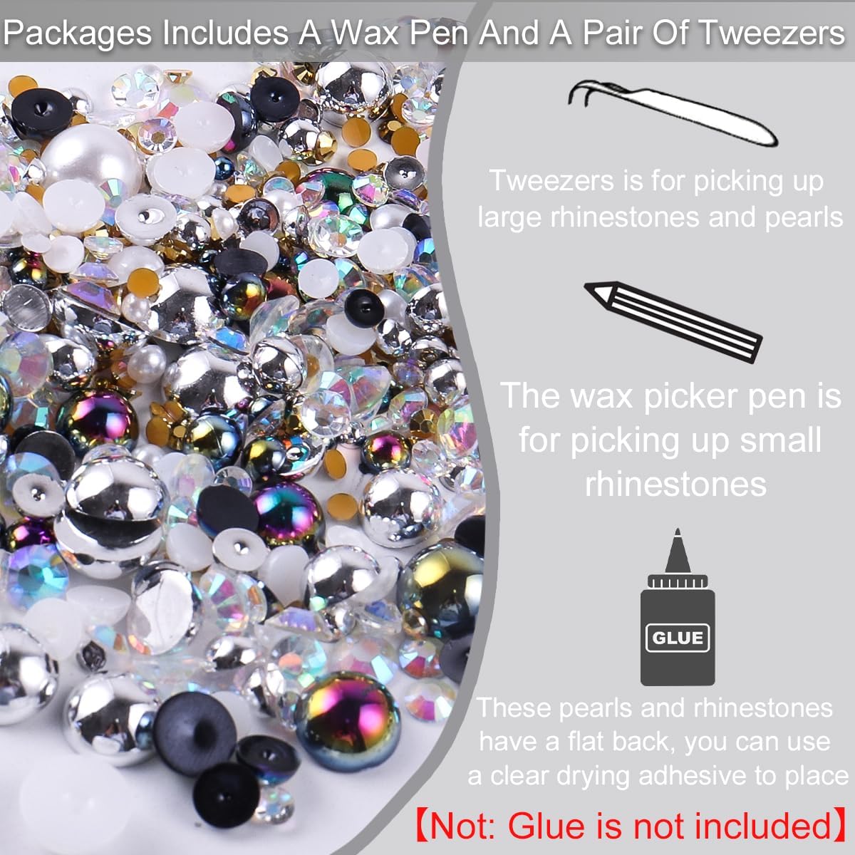Perlas mixtas de 1.06 oz con parte trasera plana y diamantes de imitación para manualidades, color blanco perlado y negro AB, 1100 diamantes de