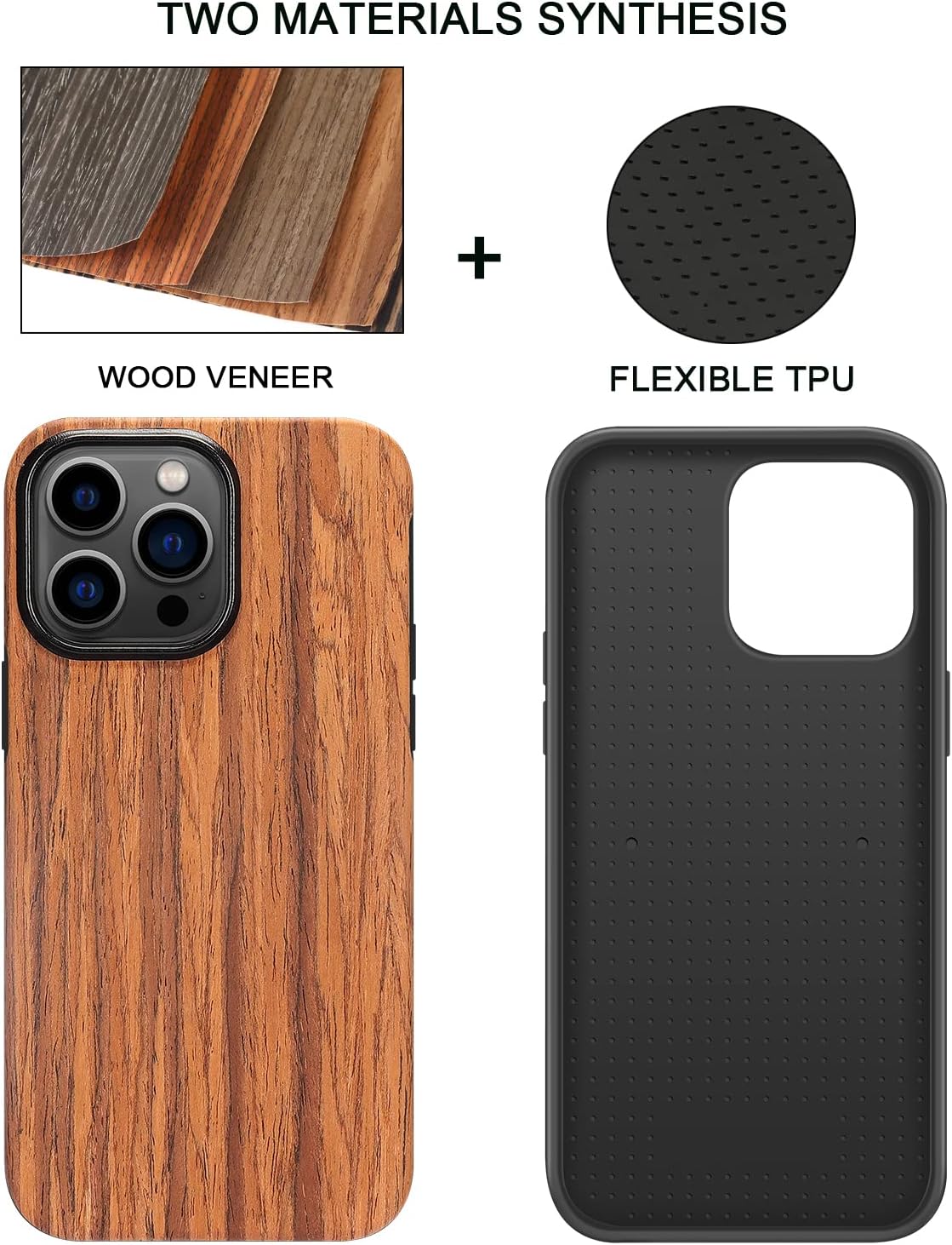TENDLIN Compatible con iPhone 14 Pro, diseño exterior de grano de madera, funda híbrida de TPU (sándalo rojo)