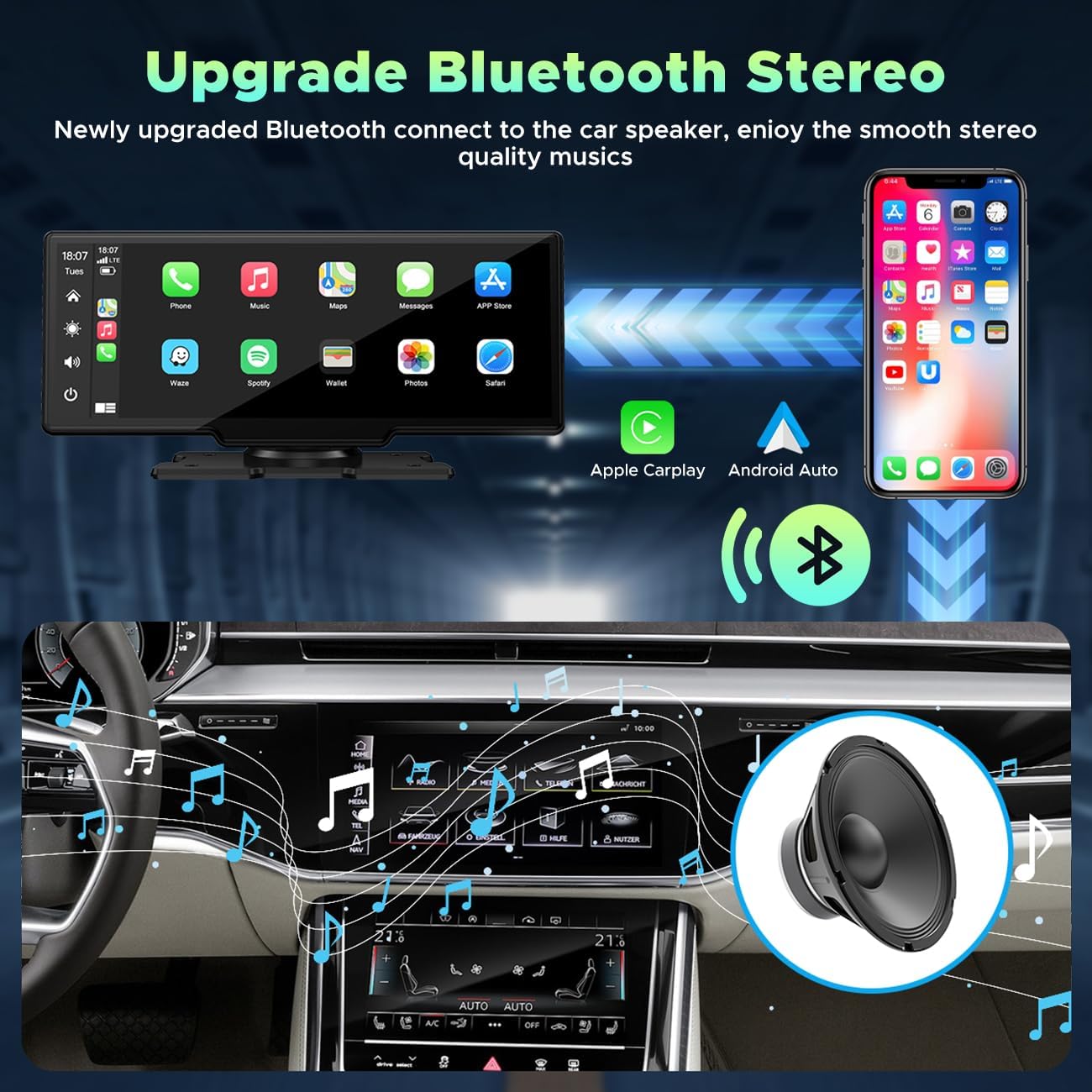 LAMTTO Carplay inalámbrico y Android Auto con cámara frontal de tablero 2K, pantalla táctil portátil de 9.26 pulgadas para automóvil, receptor de