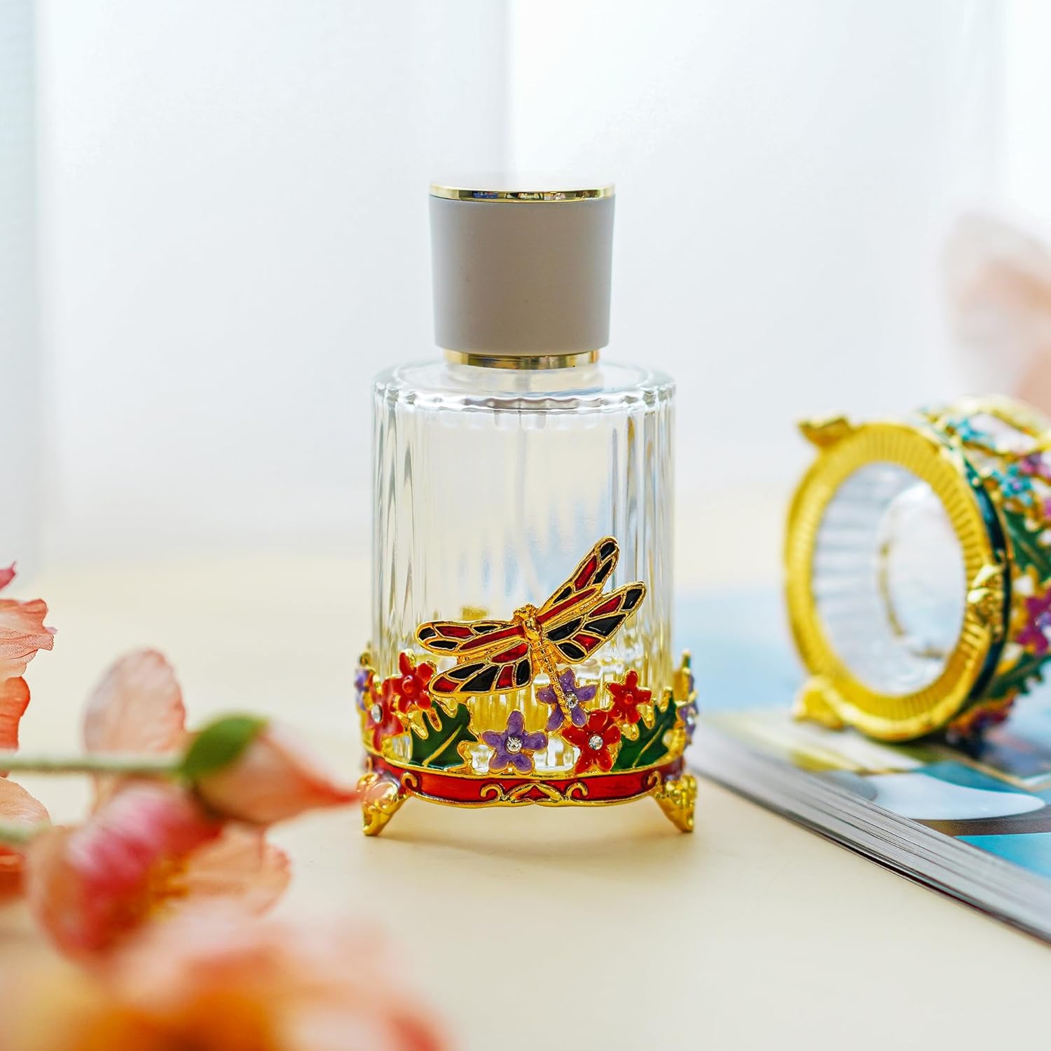 YU FENG Botella de perfume de aerosol de vidrio decorativo de libélula de 0.6 fl oz, botella de viaje de vidrio de niebla fina vacía transparente