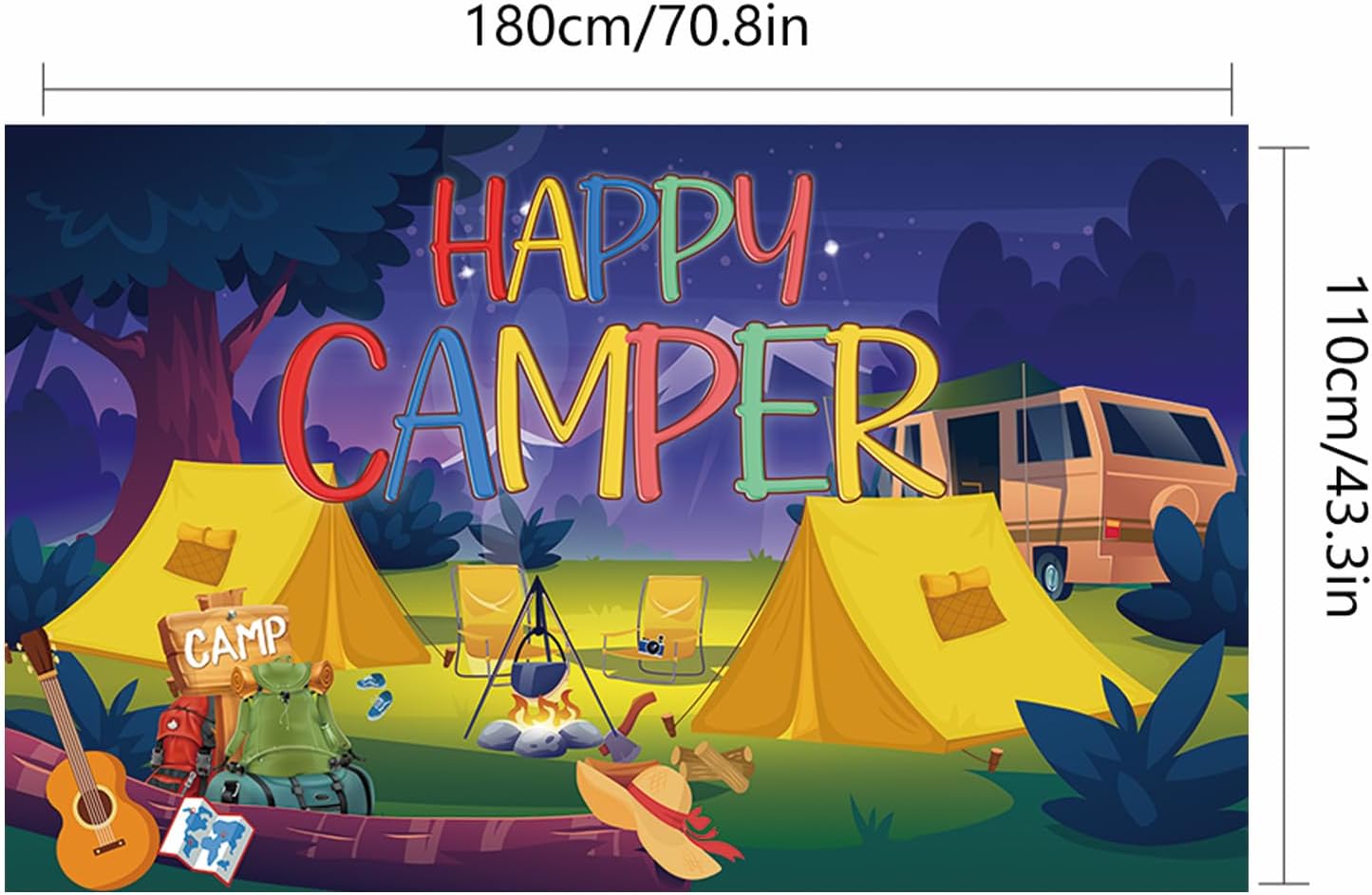 Cartel de fondo de Happy Camper con 70.8 x 43.3 pulgadas, tela de poliéster grande, letrero de telón de fondo para campamento, suministros de