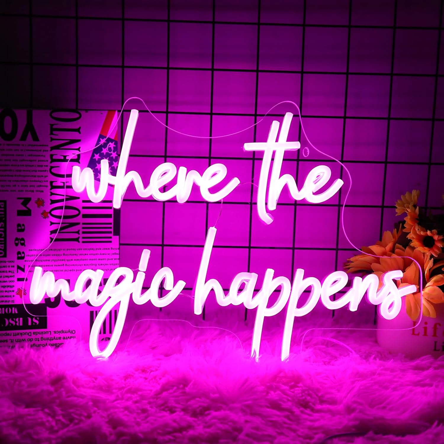Neonawall Letrero de neón con luces LED de color rosa con texto “Where The Magic Happens” para decoración de pared, letras alimentadas por USB, para